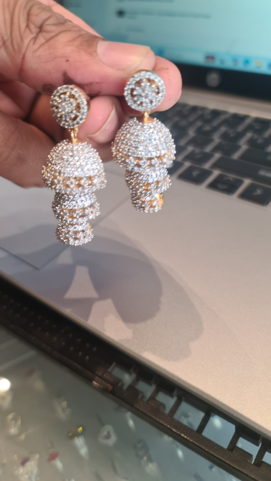Diamond Replica 3-Step Jhumki | Push Back | 24K Gold Plated CZ