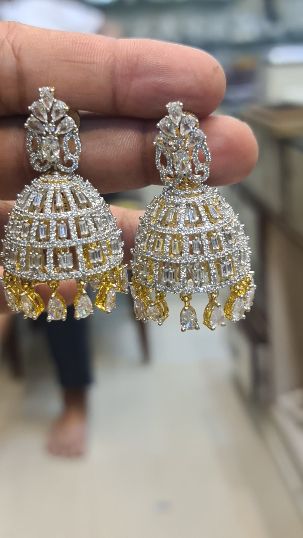 American Diamond Baguette Jhumka Earrings with Sterling Shine Stones