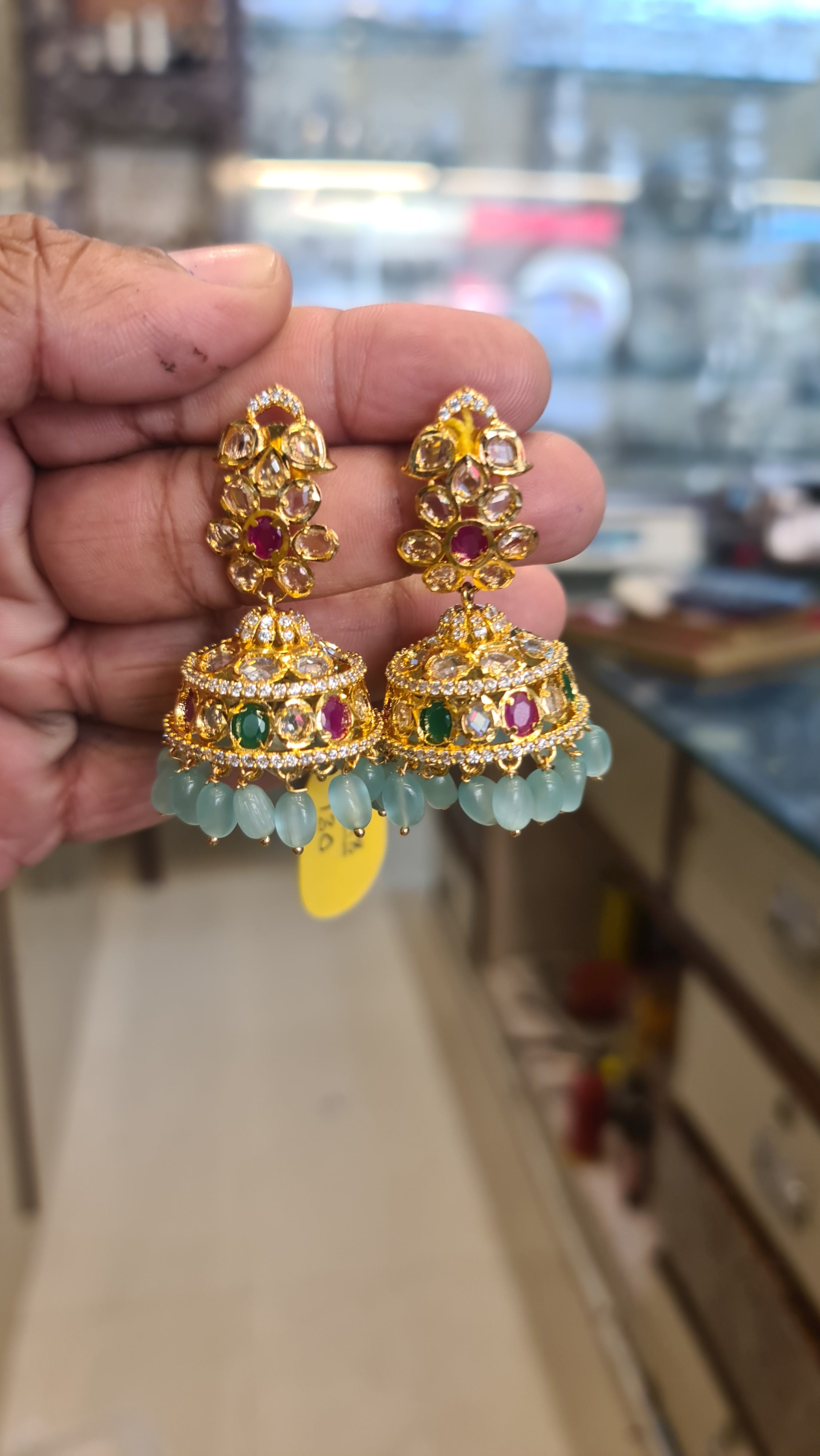 Gold Kundan Polki Jhumka with Aqua Jade Bead Drops