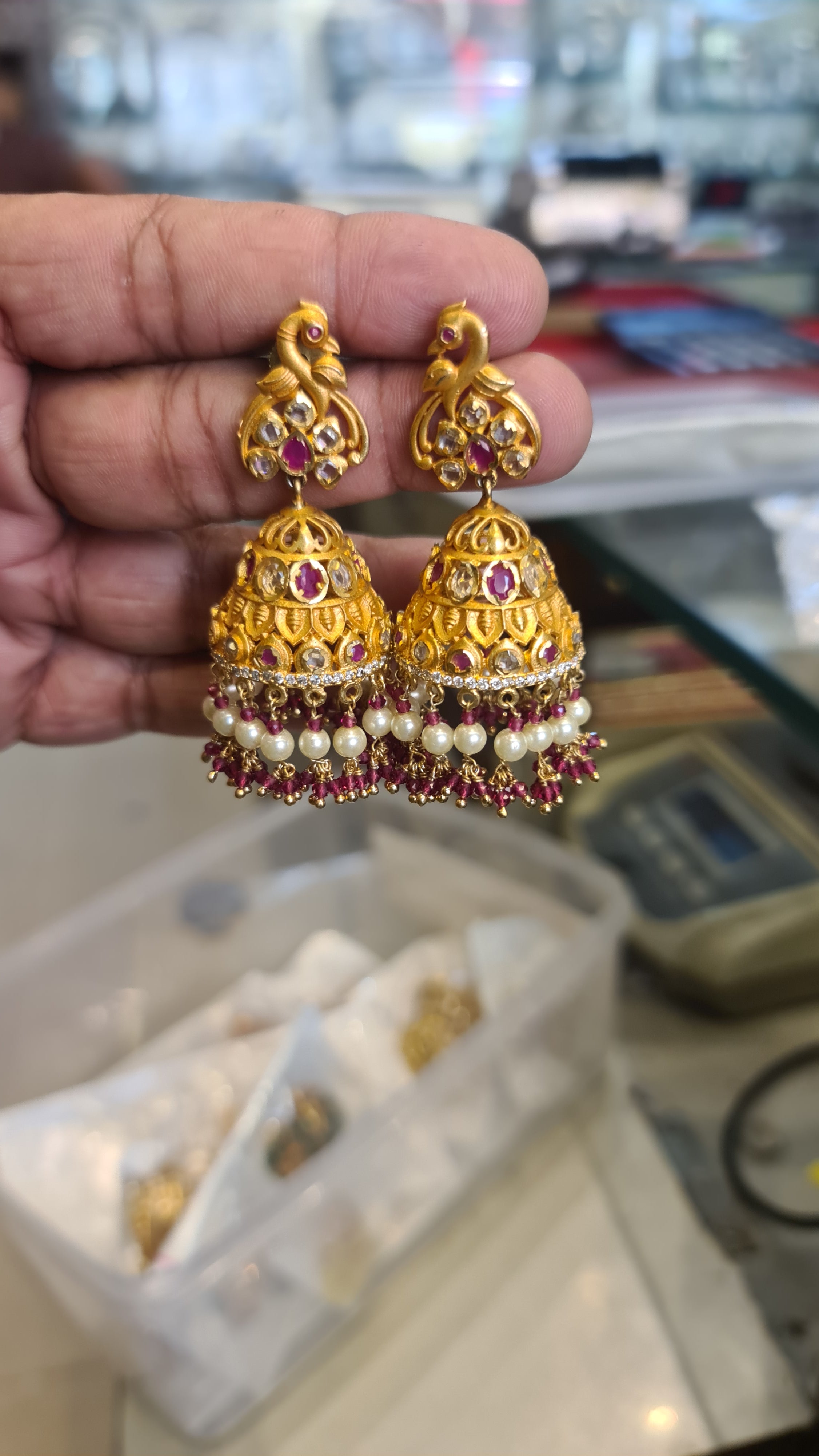Matt Finish Polki Jhumka Earrings | Peacock Design | Push Back