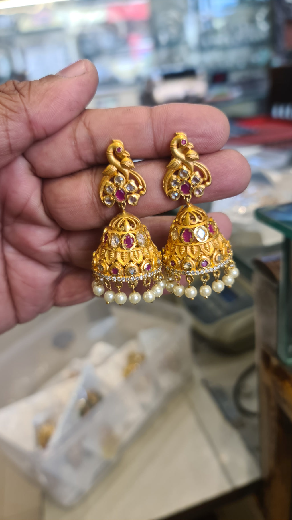 Matt Finish Polki Jhumka Earrings | Peacock Design | Push Back