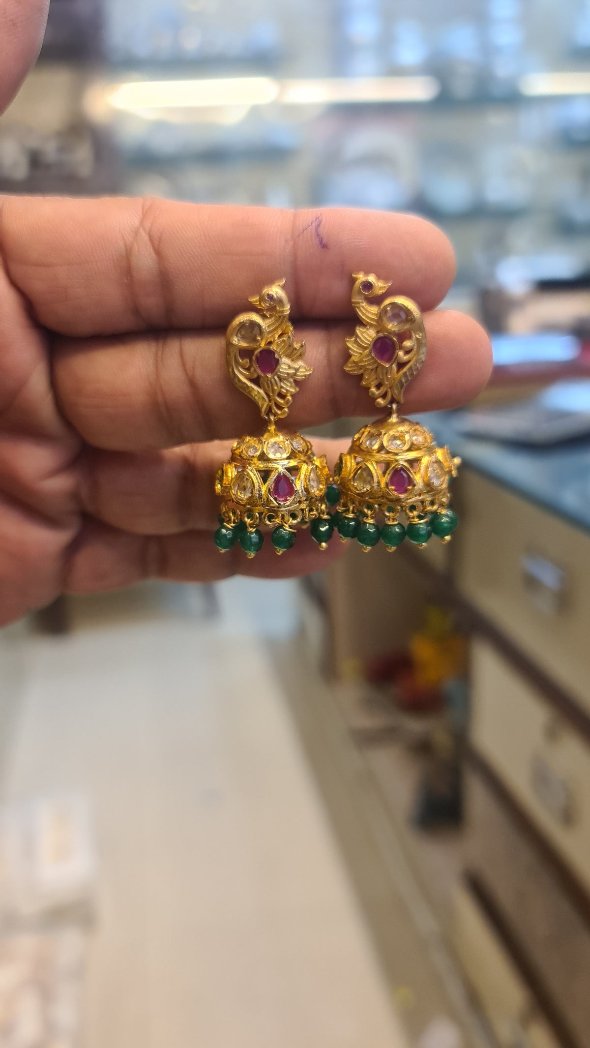 Polki Peacock Jhumki | Gold Plated Temple Earrings
