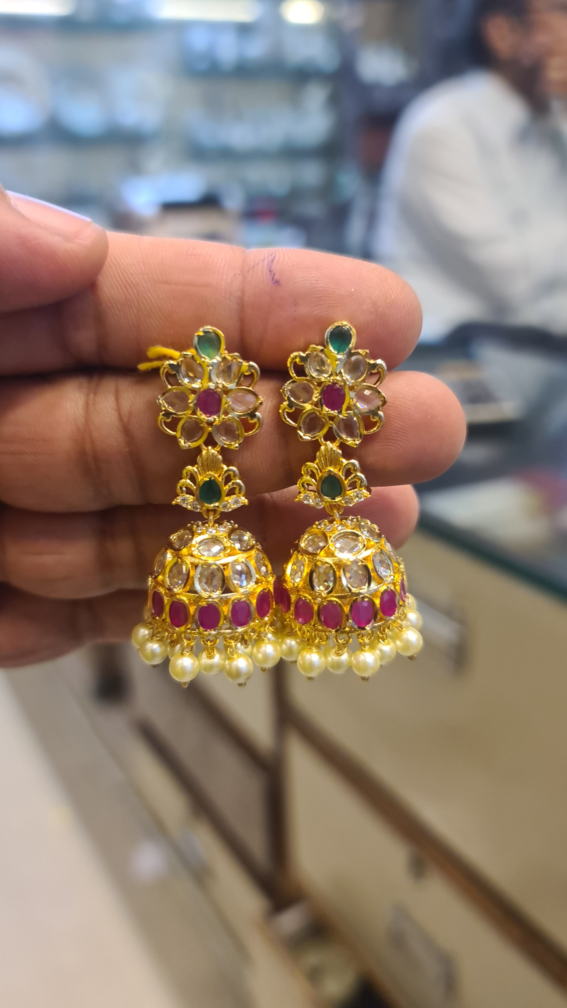 Polki Flower Jhumki | Gold Plated Temple Earrings with Pearl Drops