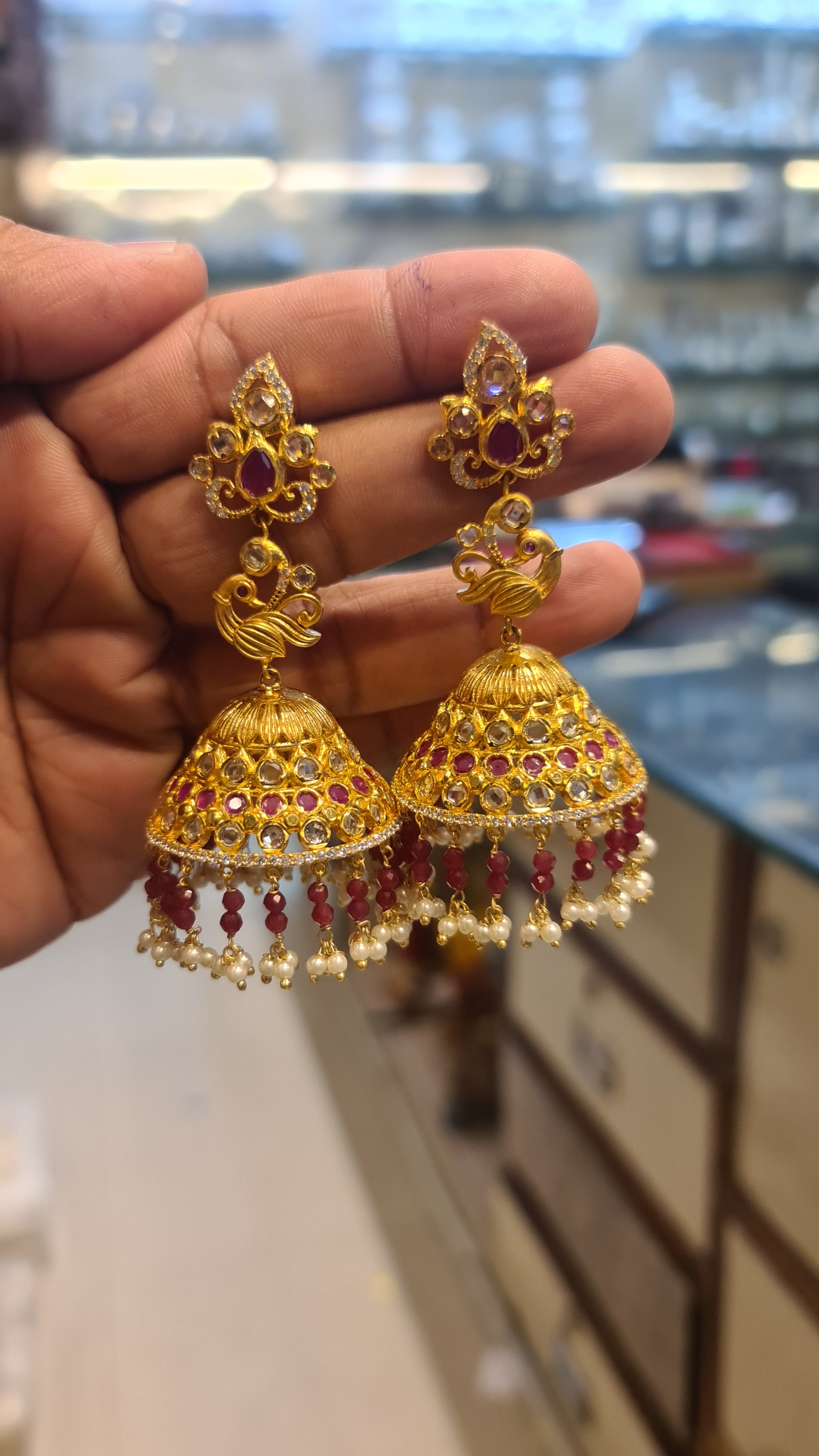 Large Polki Jhumki | Gold Plated Bridal Temple Earrings with Ruby & Pearl Drops