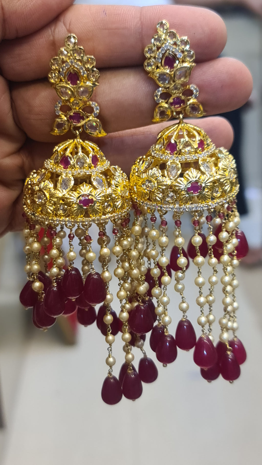 Uncut Diamond Gold Plated Long Jhumka Earrings | Push Back | 9 cm