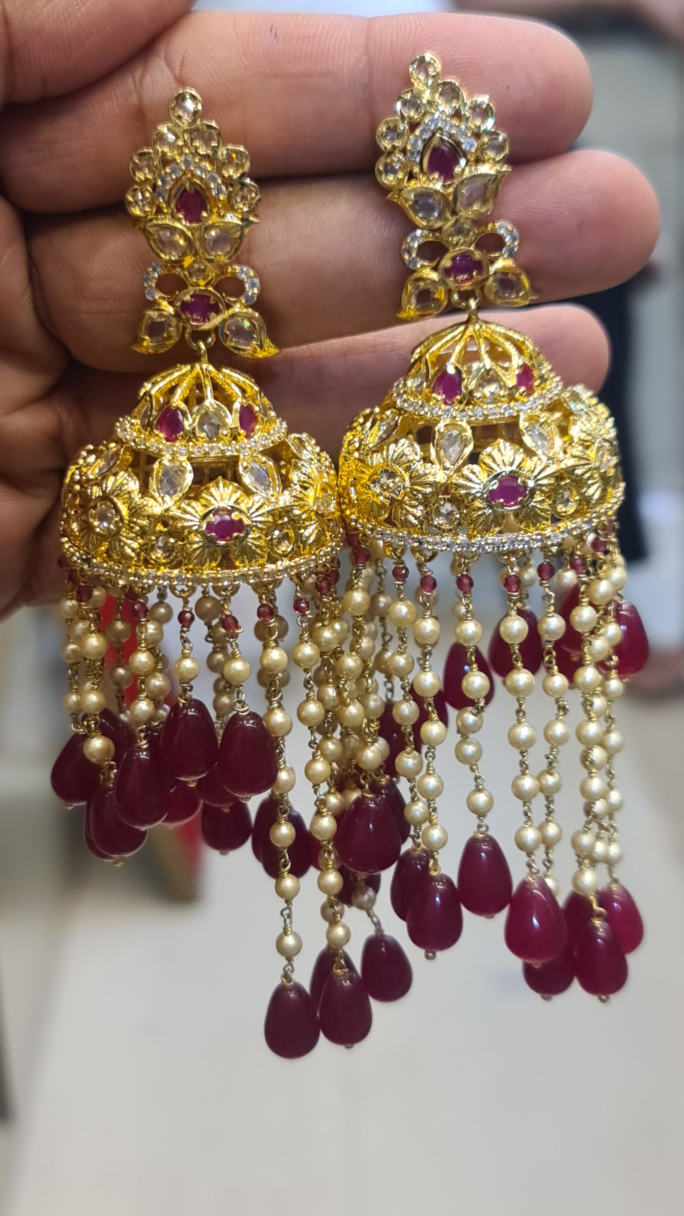 Uncut Diamond Gold Plated Long Jhumka Earrings | Push Back | 9 cm