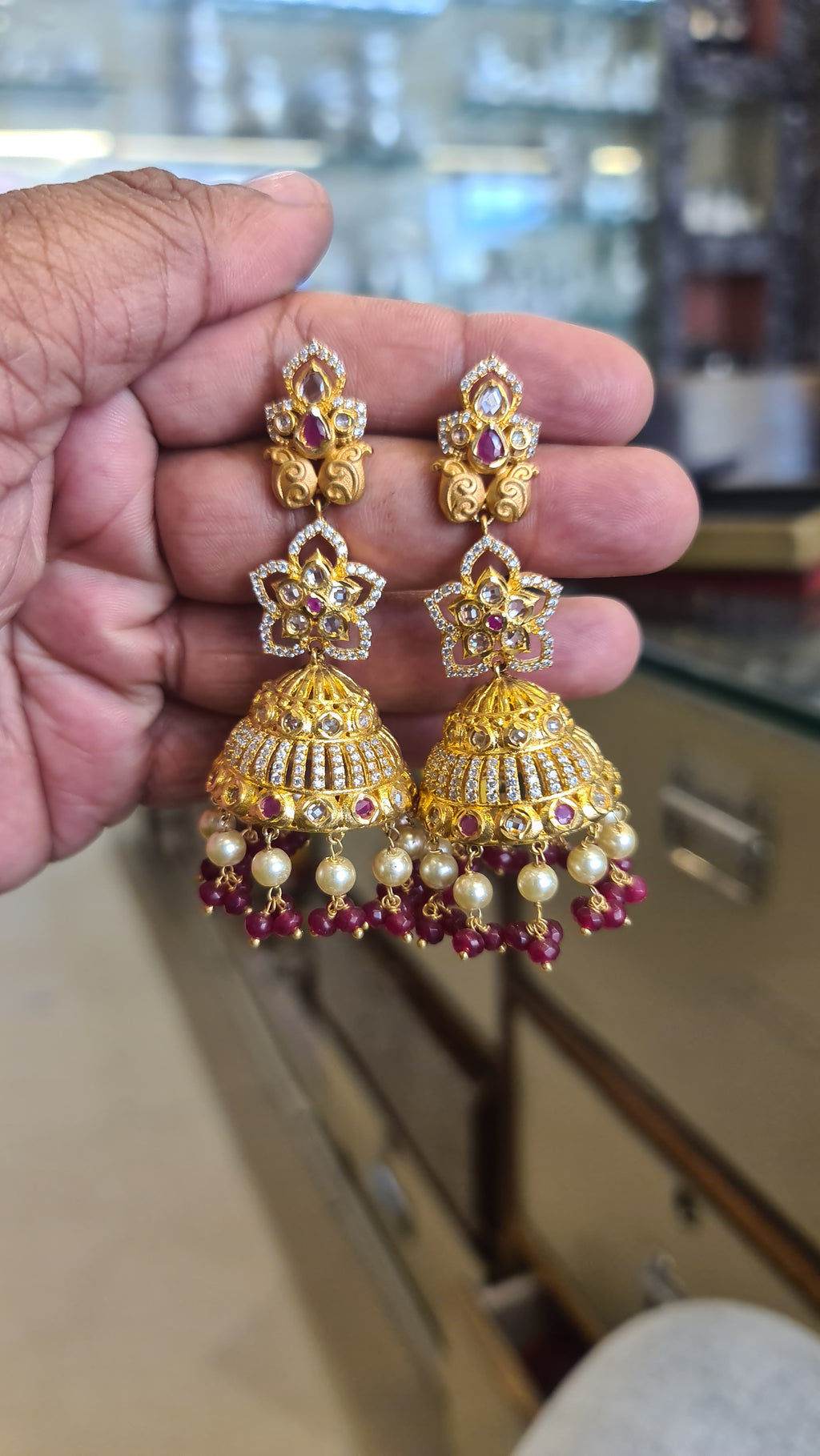 Polki Jhumka Earrings | Gold Plated | Pearl Drops & Ruby Beads Variants