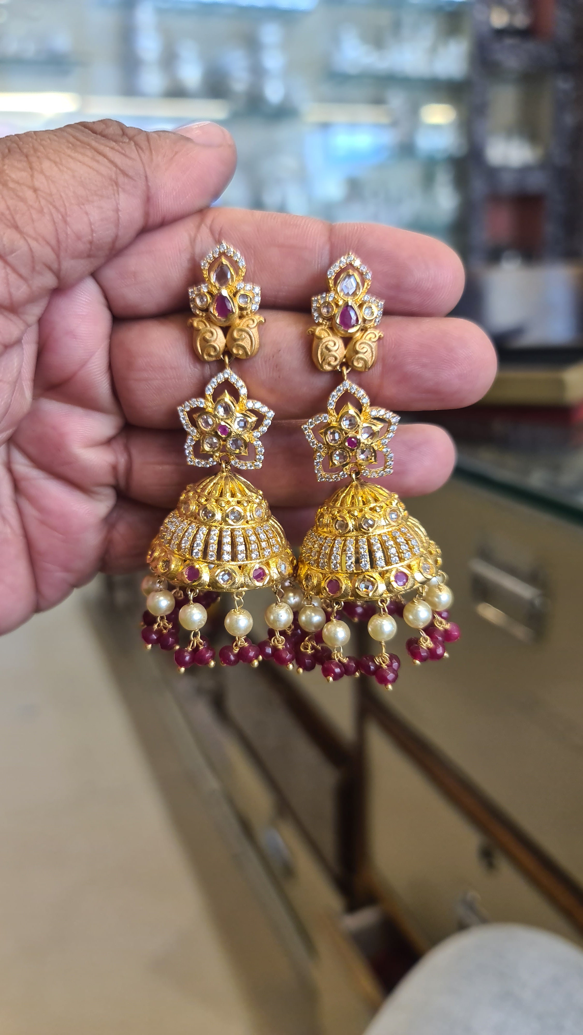 Polki Jhumka Earrings | Gold Plated | Pearl Drops & Ruby Beads Variants