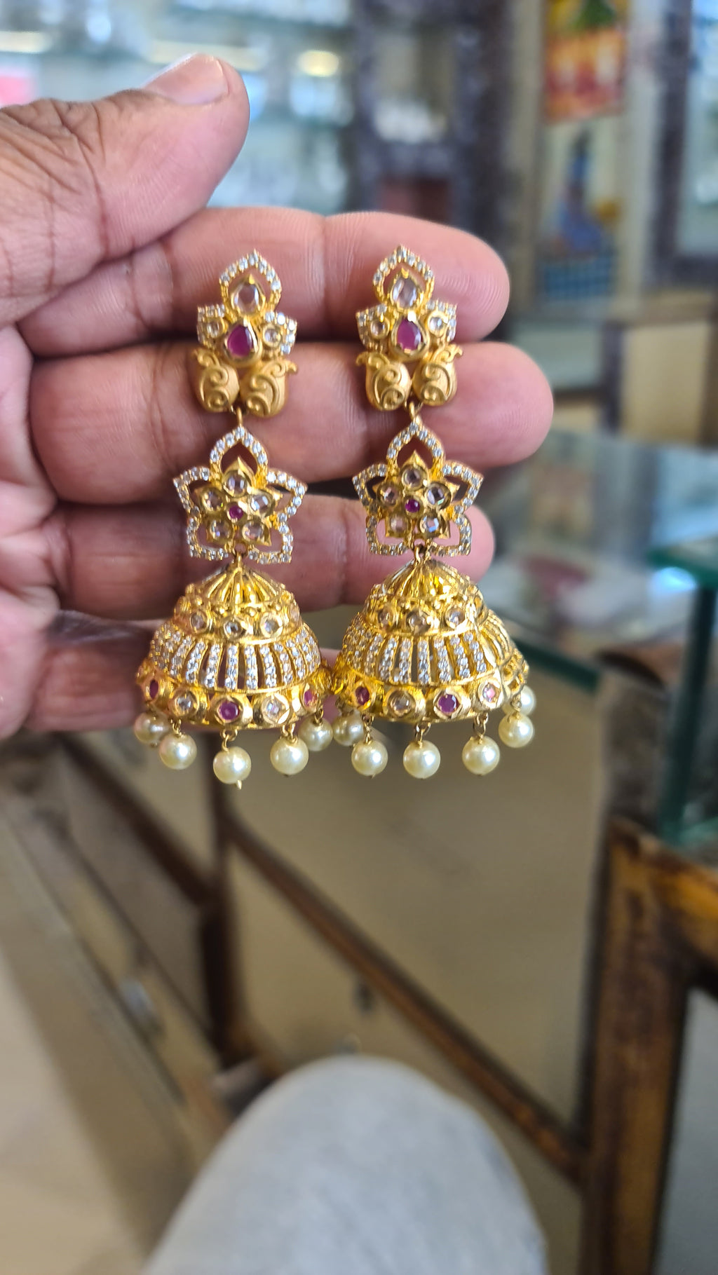 Polki Jhumka Earrings | Gold Plated | Pearl Drops & Ruby Beads Variants