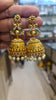 Antique Finish Jhumka Earrings with Emerald, Ruby & Pearl Drops
