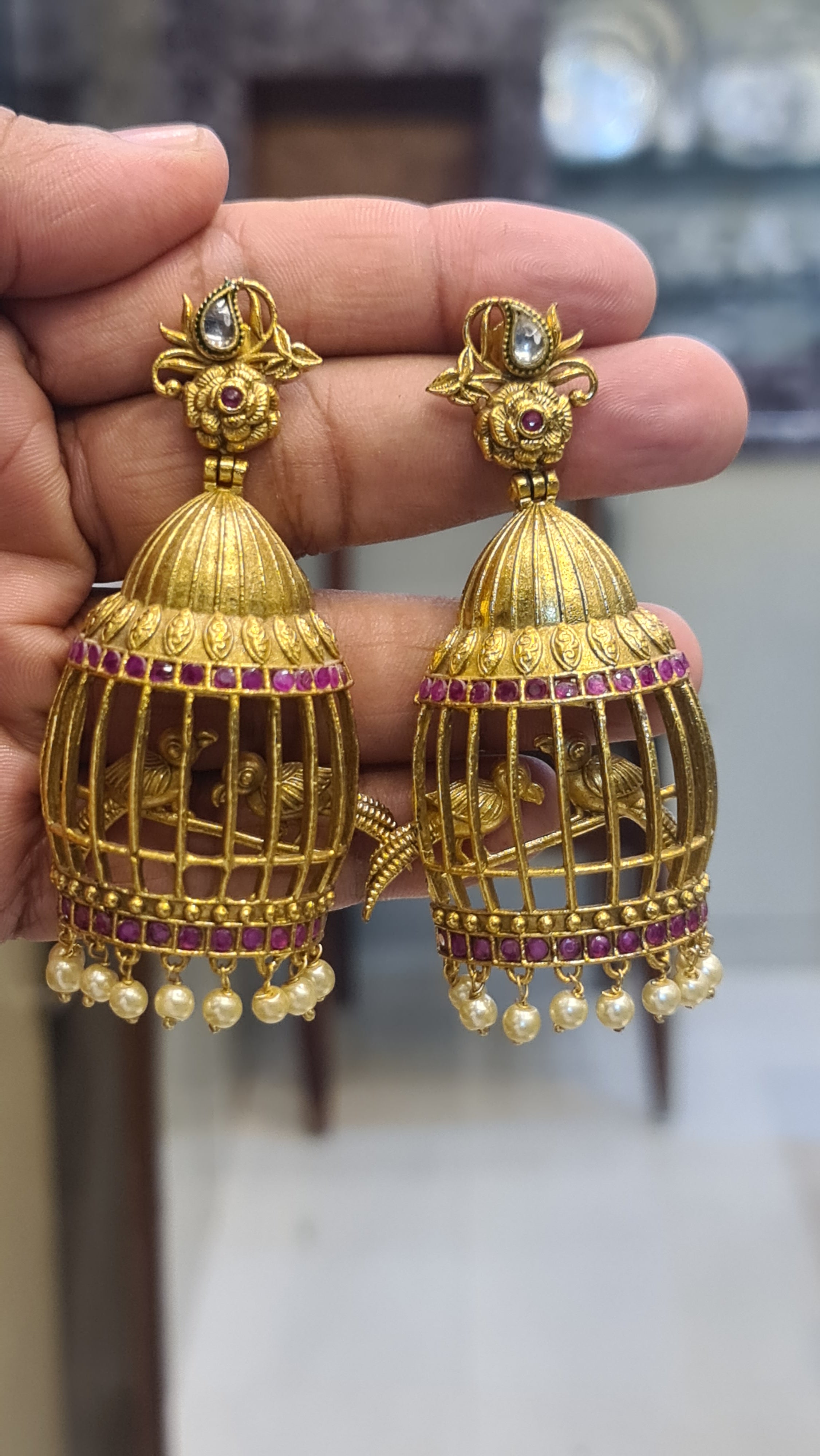 Antique Finish Cage Jhumka Earrings with Ruby Stones, Bird Motifs & Pearl Drops