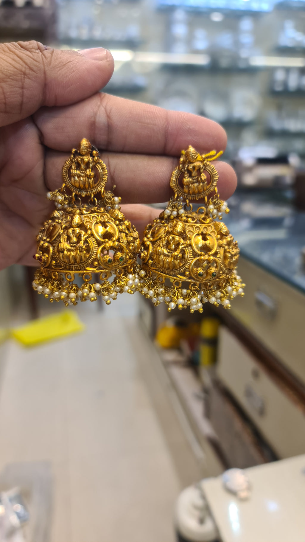 Antique Finish Lakshmi Temple Jhumka Earrings with Lakshmi Stud & Pearl Drops