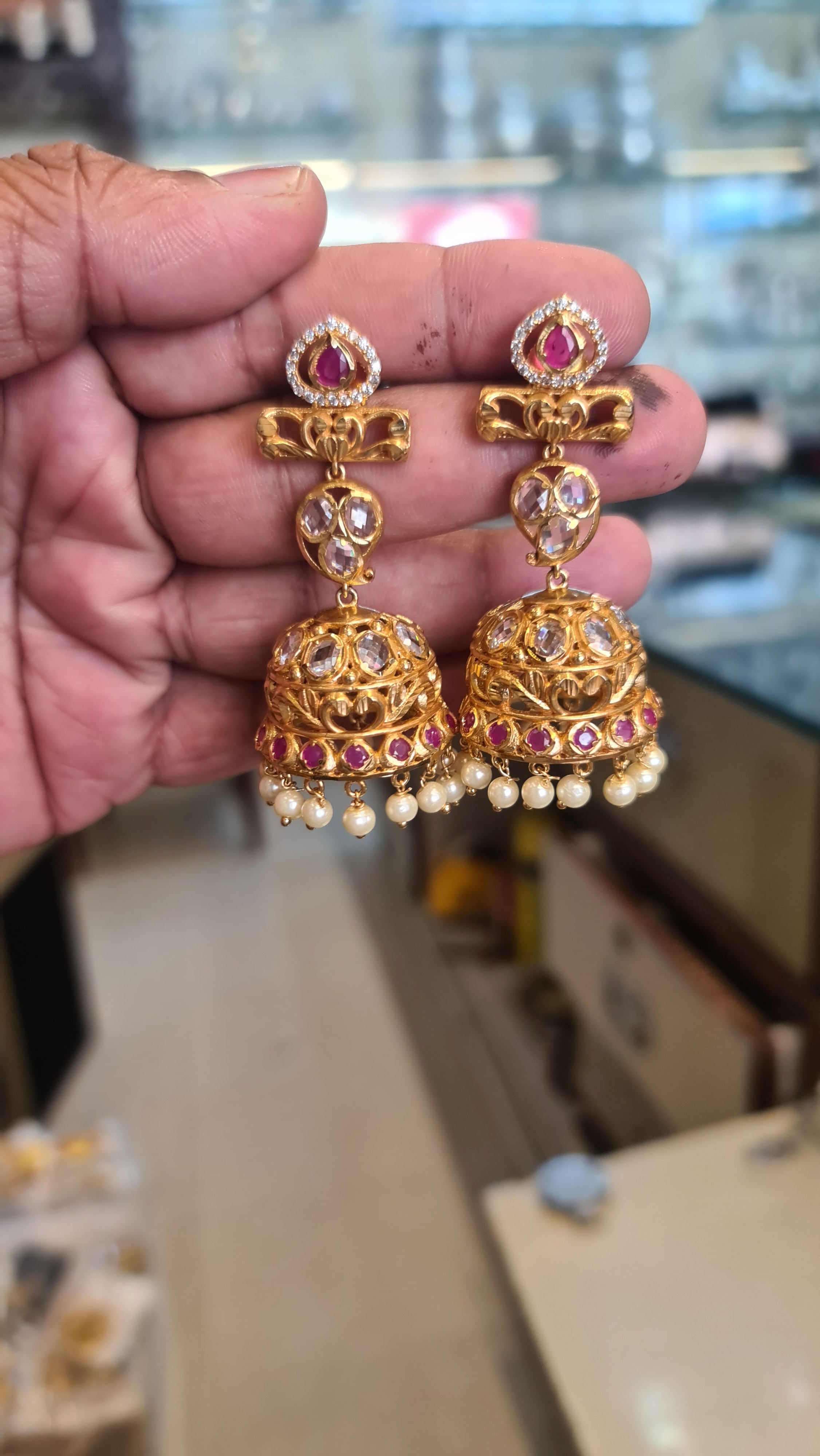Ruby Polki Jhumka Earrings | Long Drop | Push Back | Gold Finish