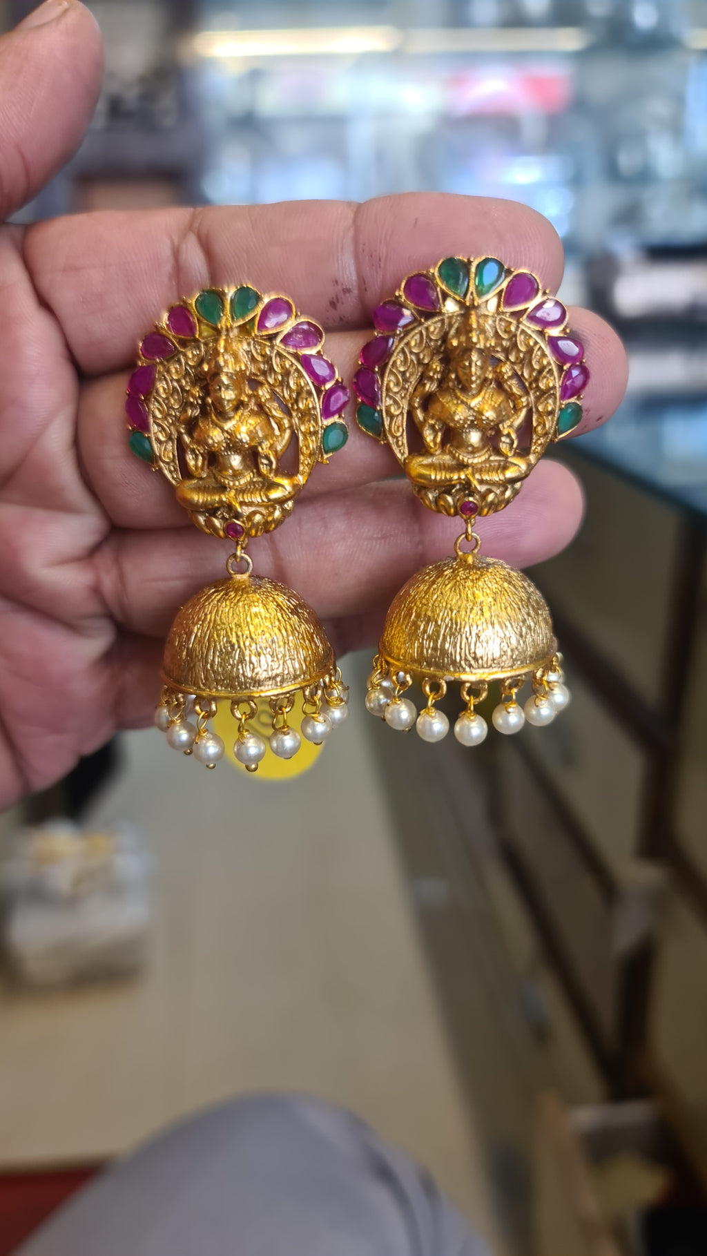 Goddess Laxmi Matte Gold Temple Jhumka Earrings | Kemp & Pearl | Push Back | 28g