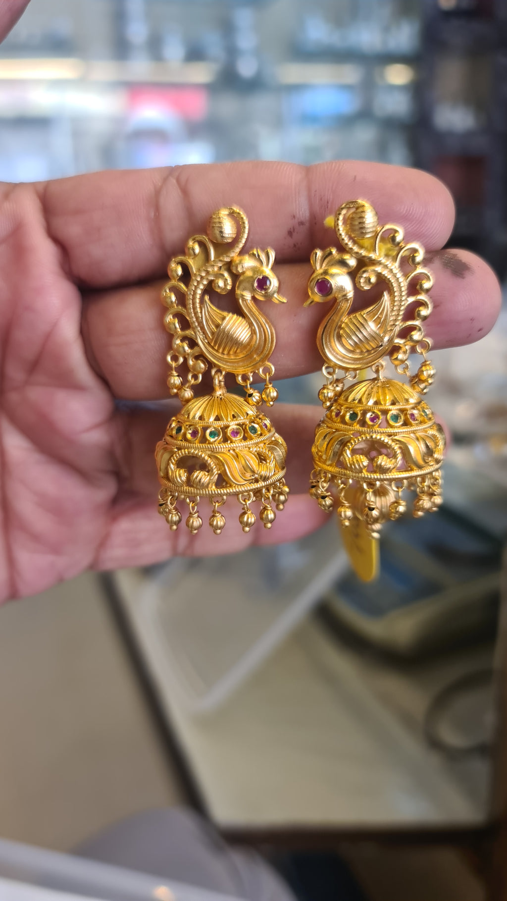 Peacock Matte Gold Temple Jhumka Earrings | Multicolour Stones | Push Back | 28g