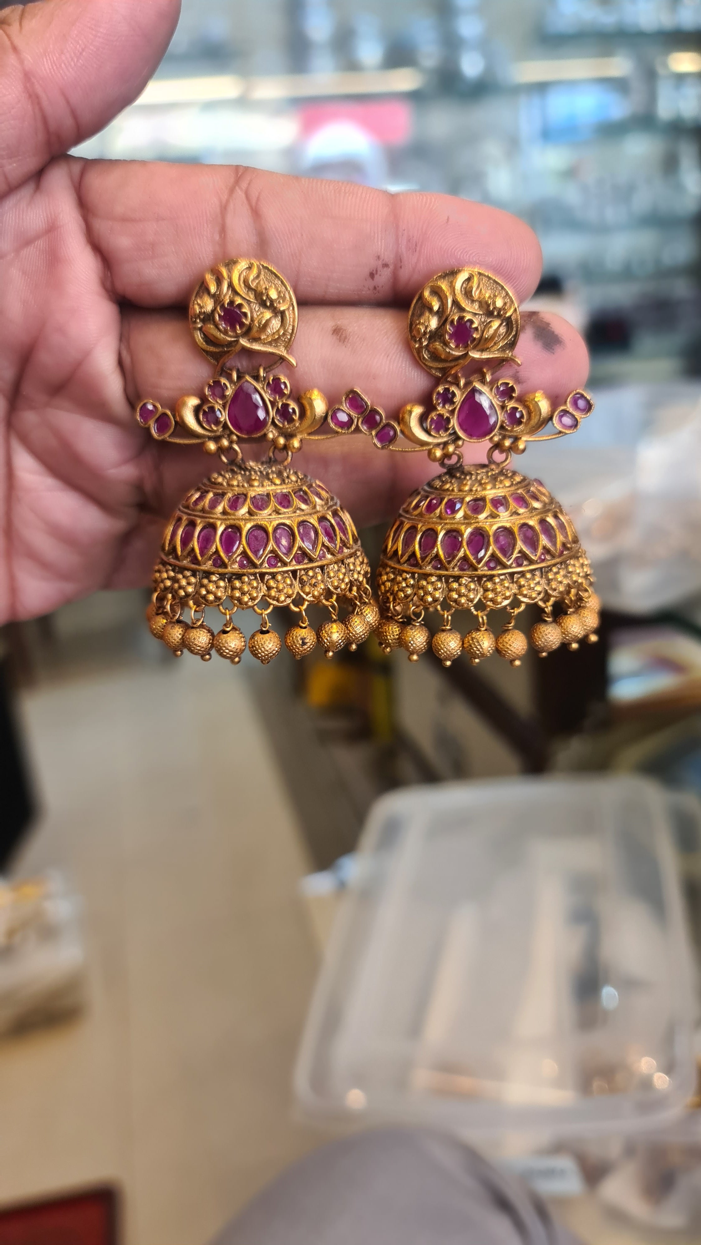 Premium Ruby Peacock Matte Gold Jhumka Earrings | Push Back | 56g