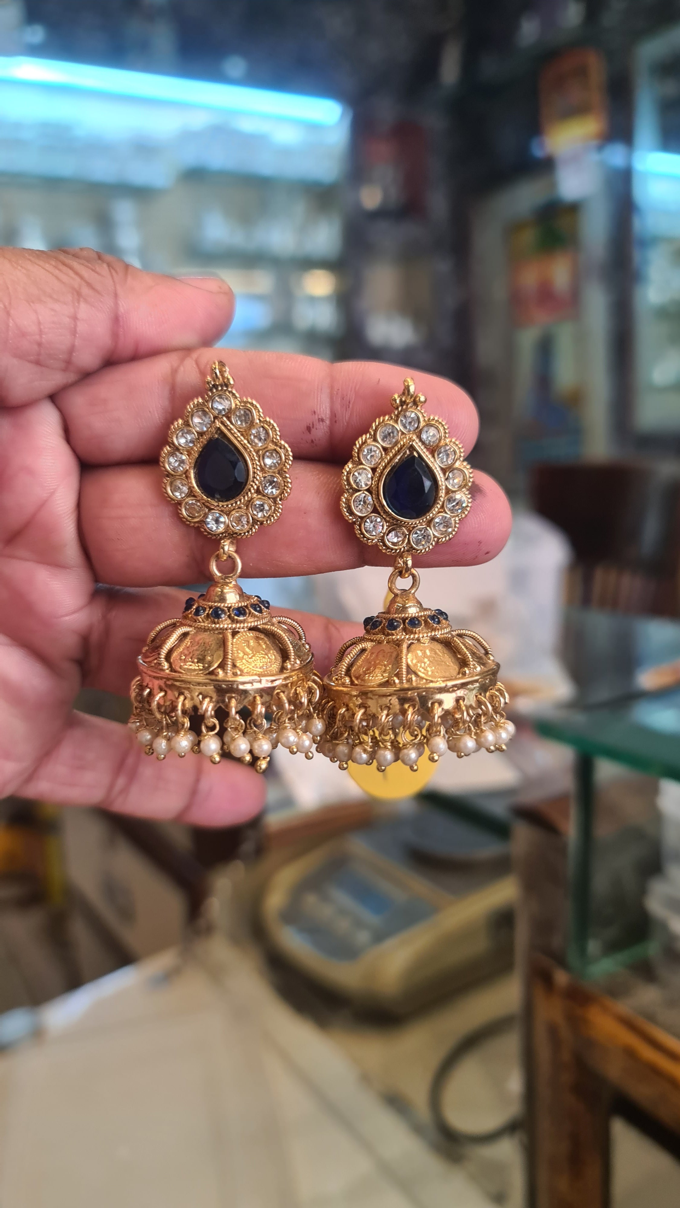 Gold Plated Blue Sapphire CZ Jhumka Earrings | Pearl Drops | Push Back | 45g