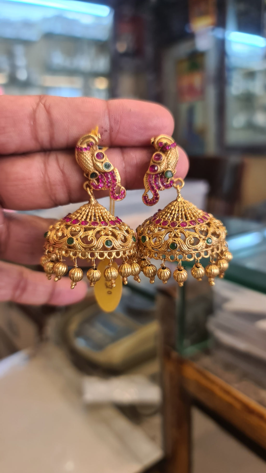 Premium Antique Gold Peacock Jhumka Earrings | Ruby & Emerald Kemp | Push Back | 56g