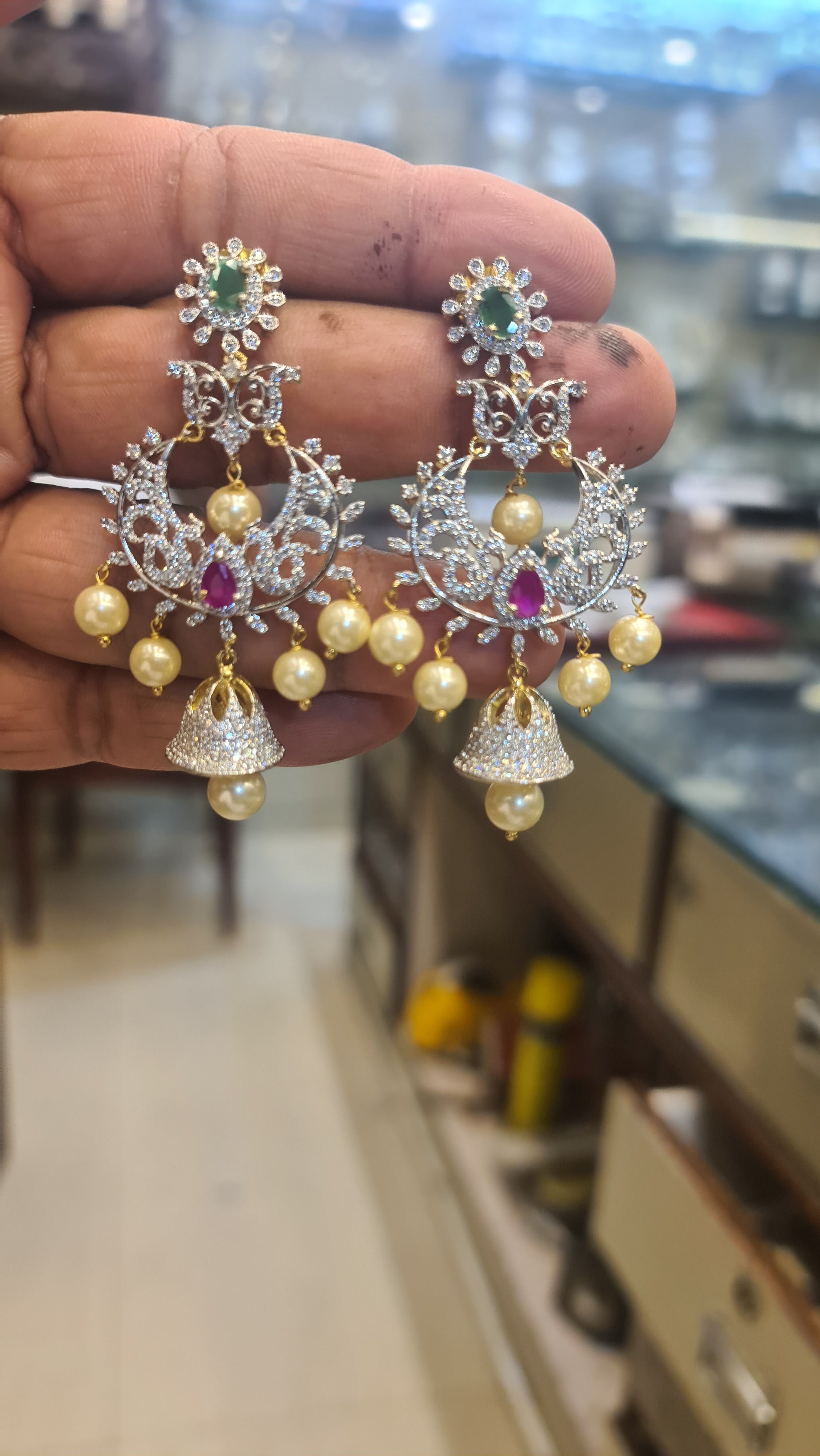 Diamond Replica Chandbali Earrings with Pearl Drops & Jhumka | Push Back