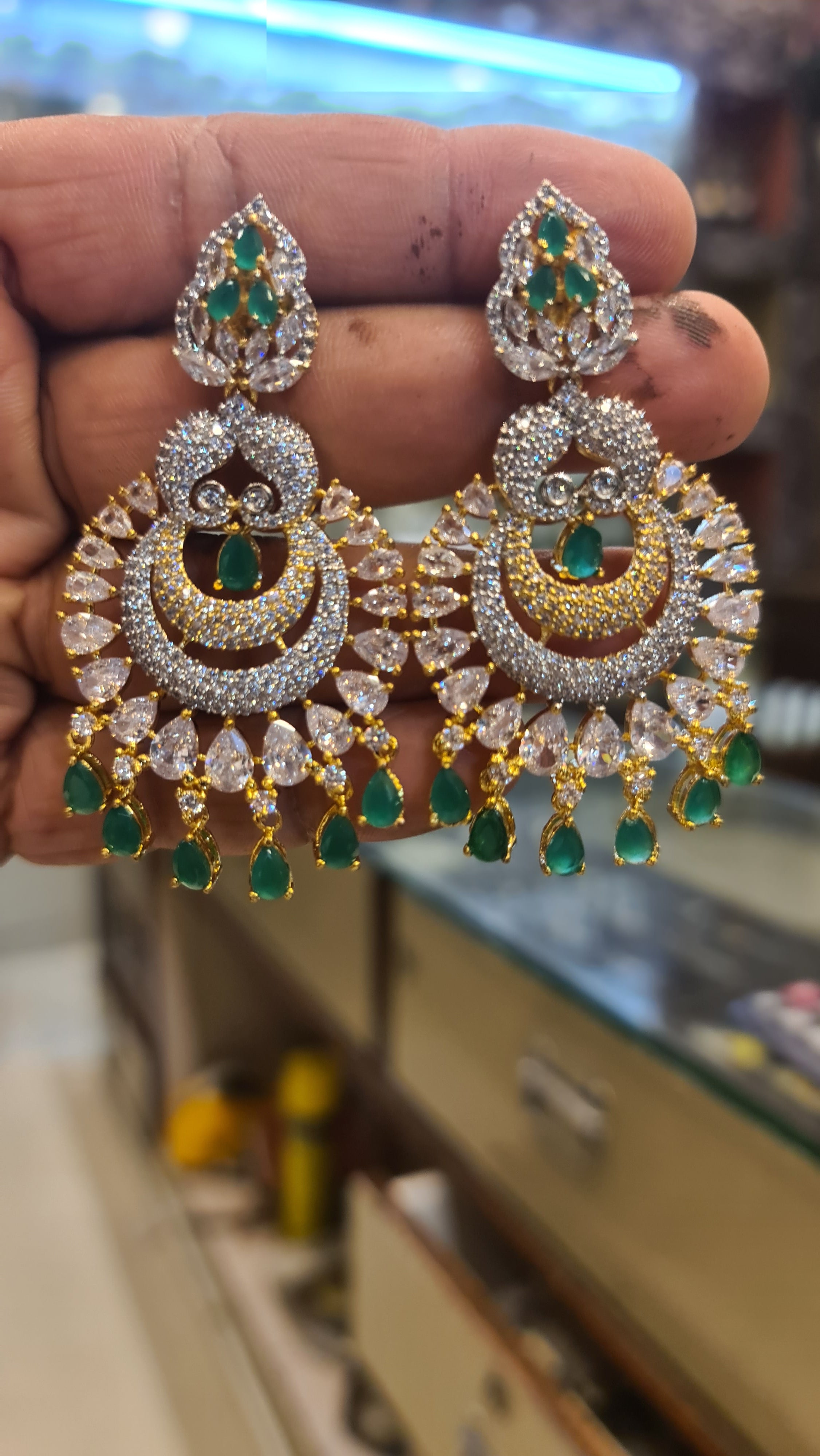Diamond Replica Chandbali Earrings with CZ Drops | Push Back | White, Green & Pink