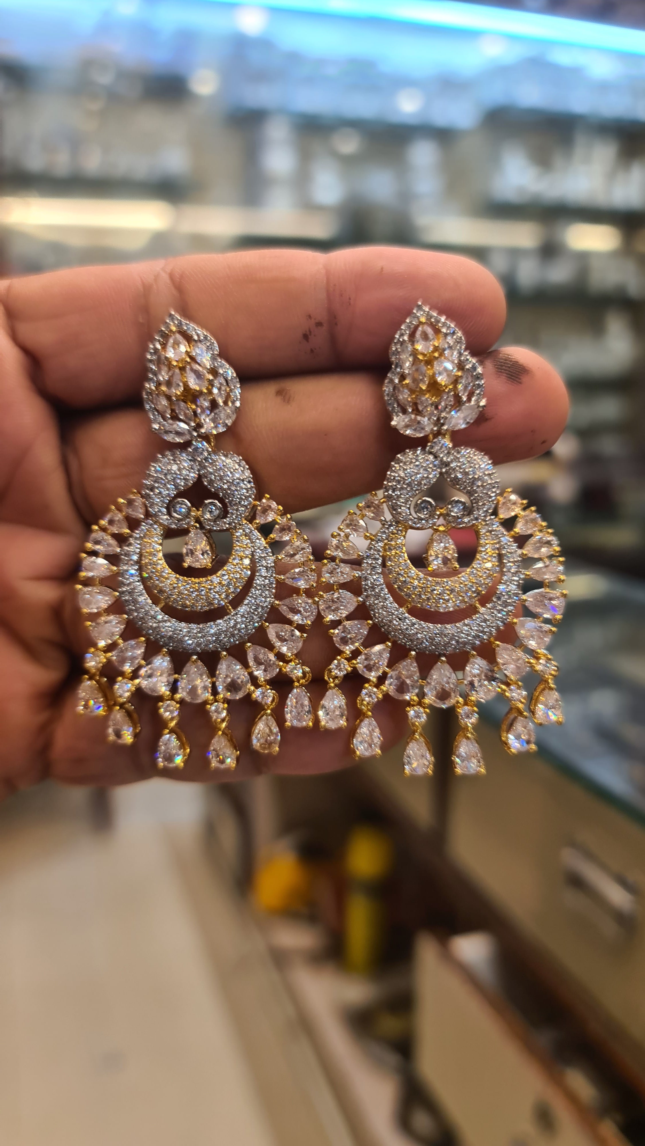 Diamond Replica Chandbali Earrings with CZ Drops | Push Back | White, Green & Pink