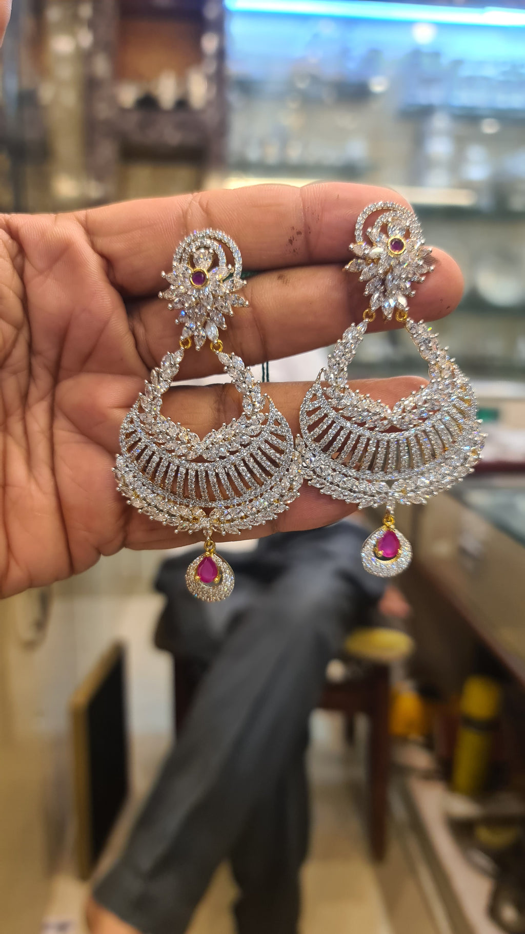 Vaayu Chandbali Earrings | American Diamond, Emerald & Ruby | 24Kt Gold Plated