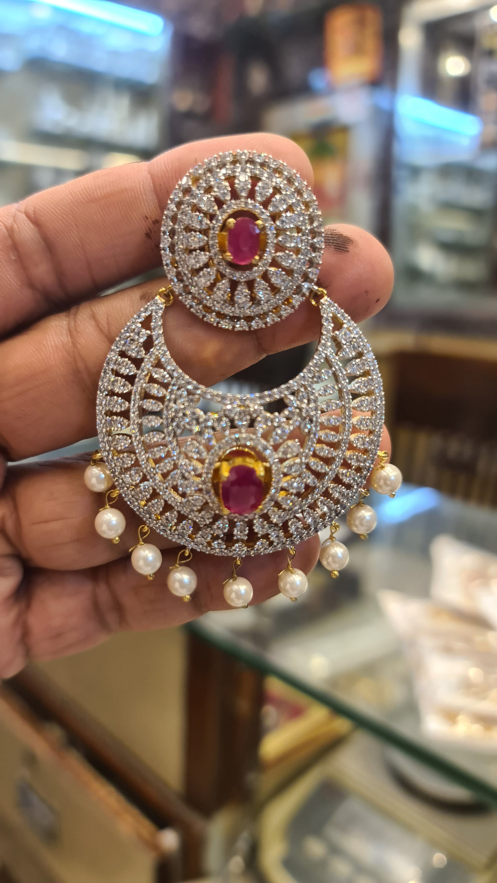 Vaasu Chandbali Earrings | American Diamond, Emerald & Ruby | 24Kt Gold Plated