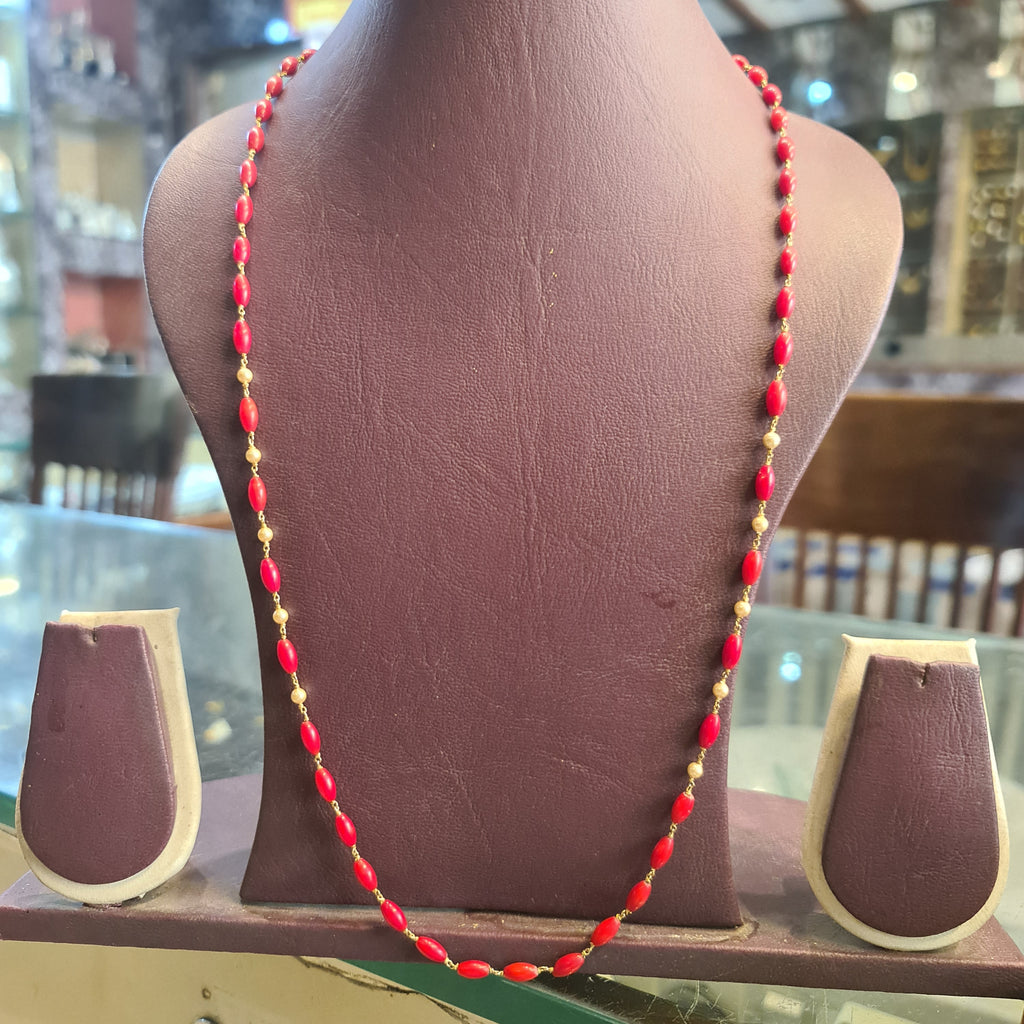 Red Coral & Pearl Gold Chain Necklace | Pagdalu Munga Mala