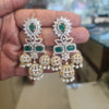 American Diamond Chandbali Earrings | Emerald Green & Pearl Drop | Gold Finish