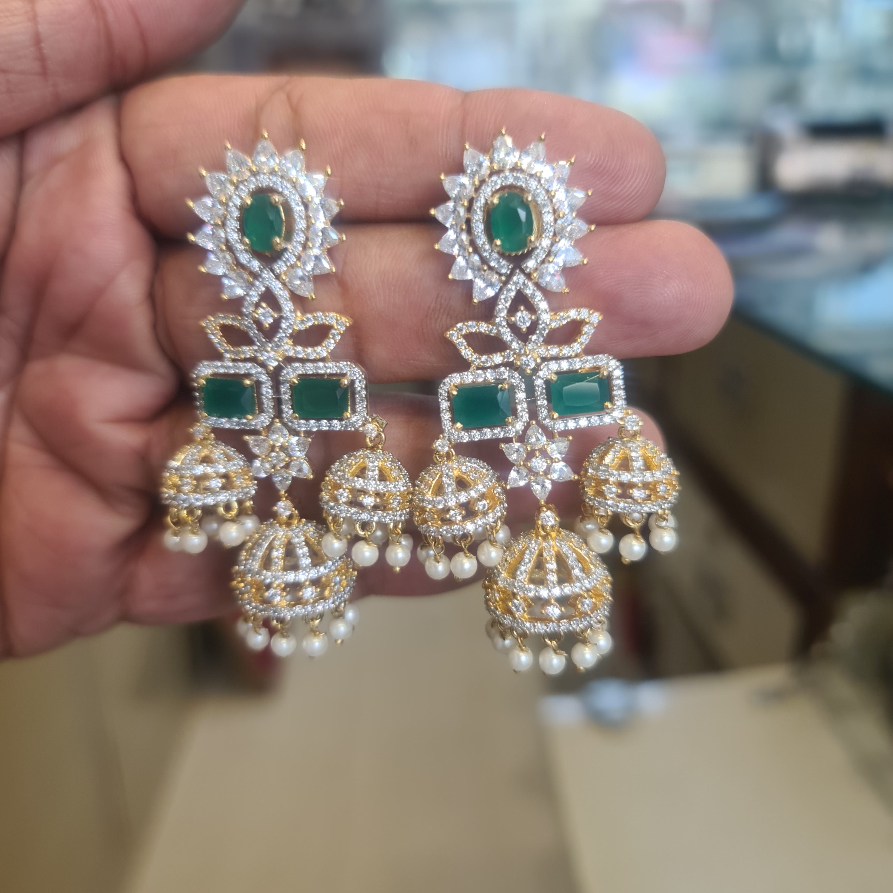 American Diamond Chandbali Earrings | Emerald Green & Pearl Drop | Gold Finish