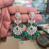 American Diamond Chandbali Earrings | Emerald Green Bead Drops | Silver Finish