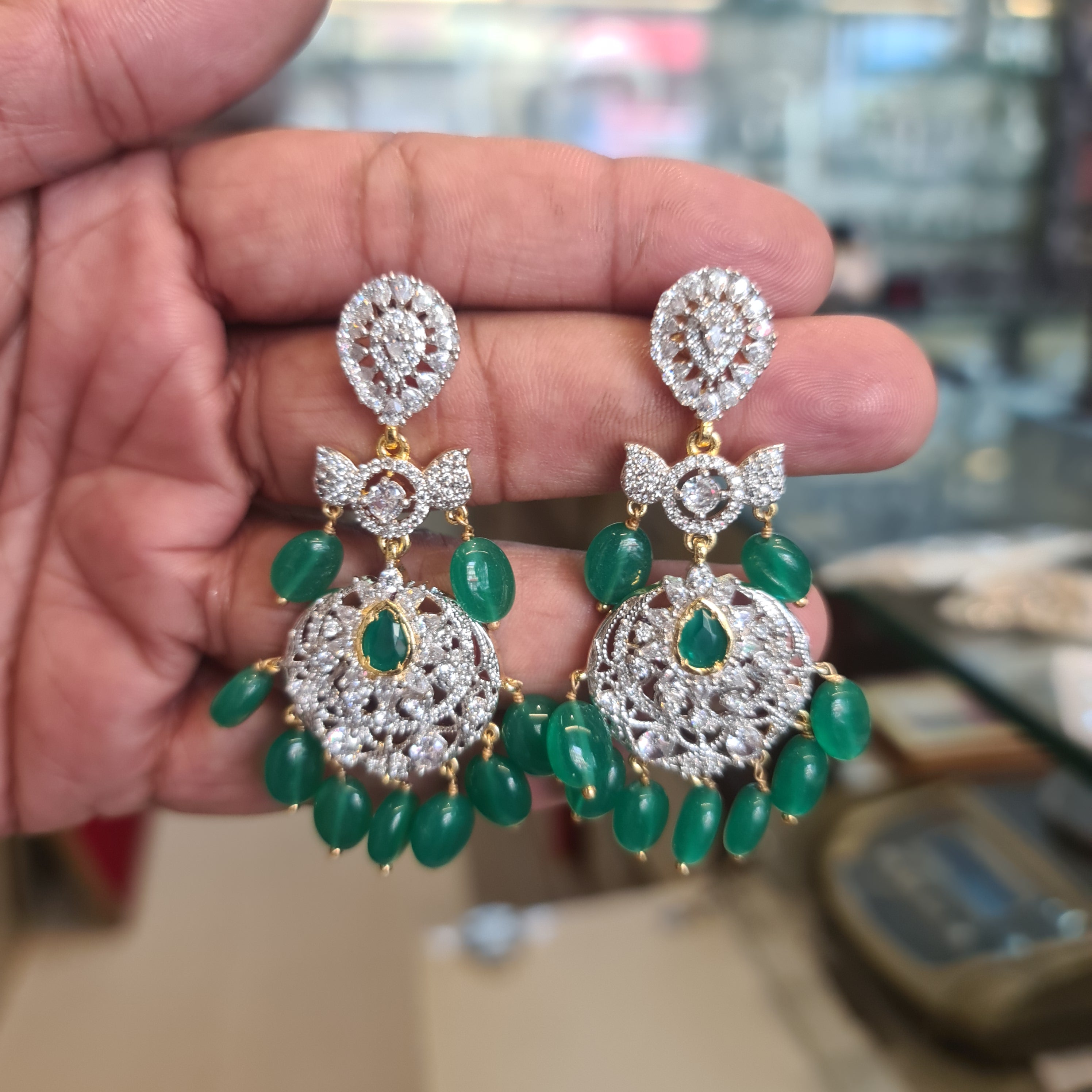 American Diamond Chandbali Earrings | Emerald Green Bead Drops | Silver Finish