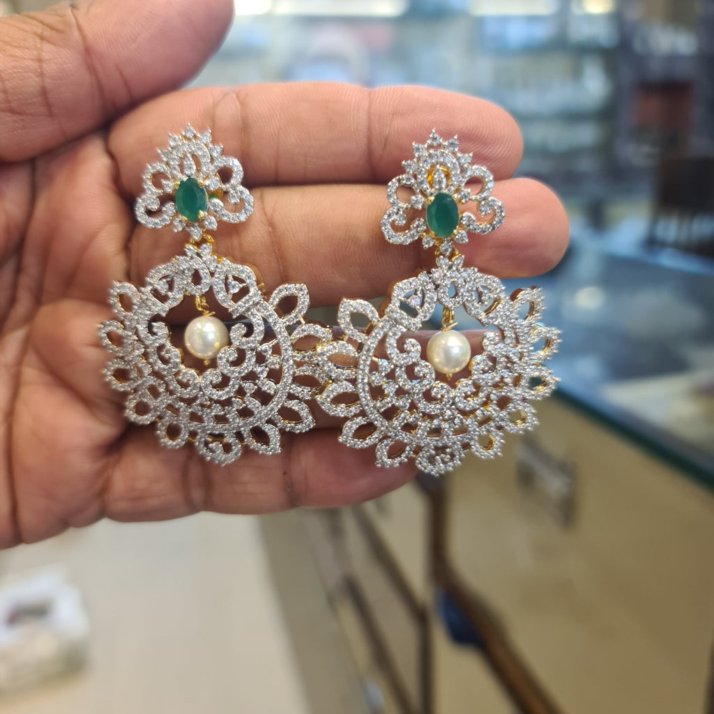Diamond Chandbali Earrings | CZ Floral Lattice with Emerald & Pearl Drop | Silver Finish