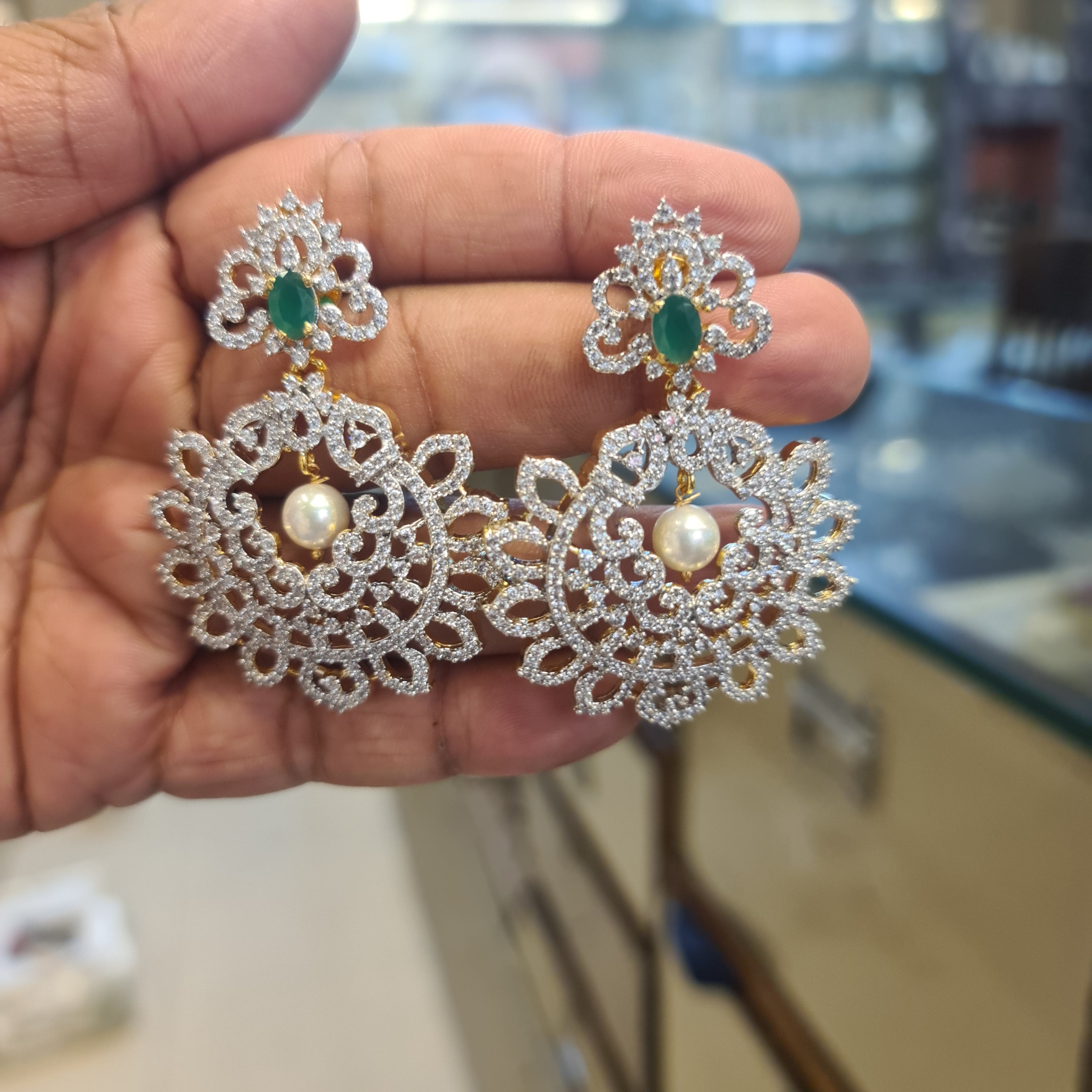 Diamond Chandbali Earrings | CZ Floral Lattice with Emerald & Pearl Drop | Silver Finish
