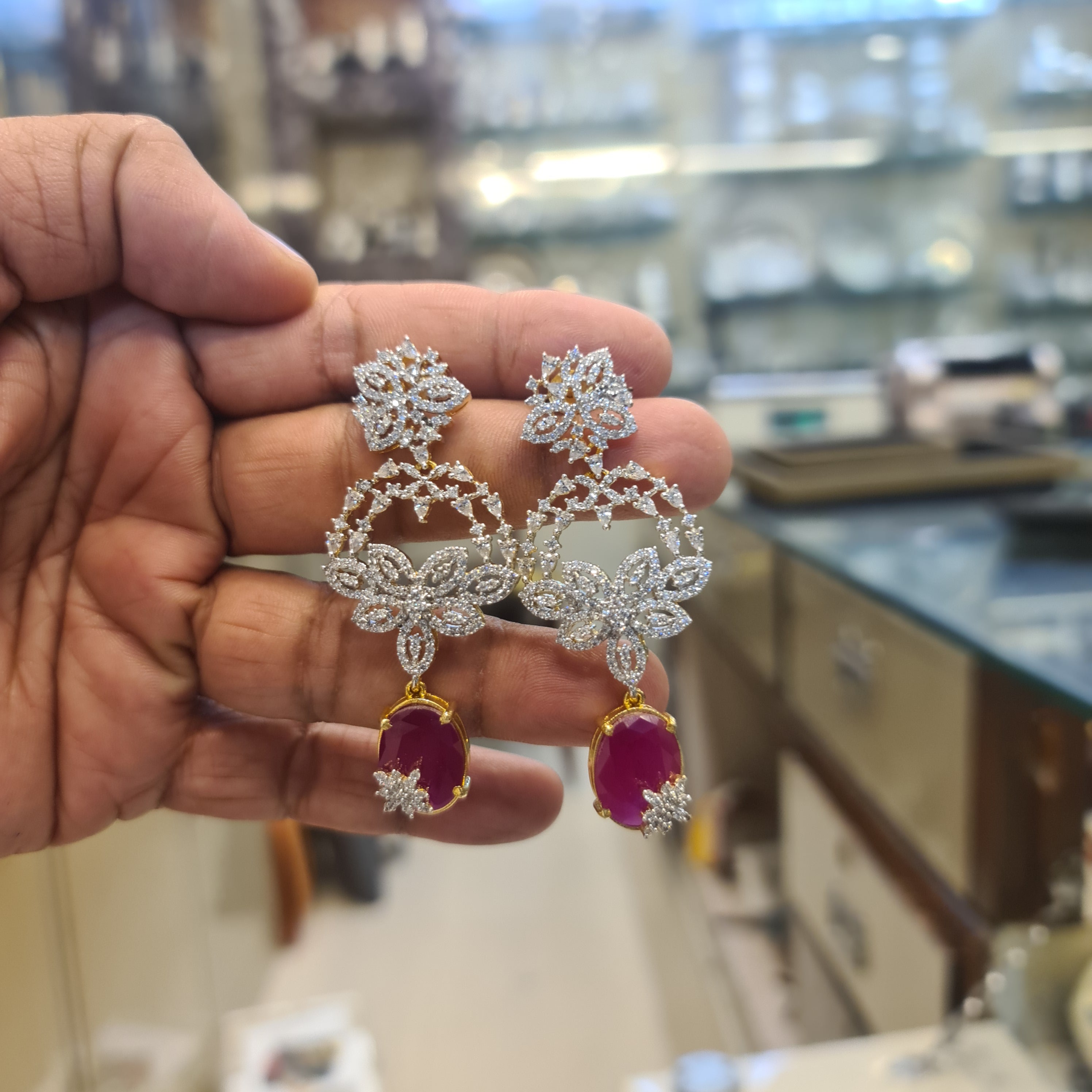 CZ Floral Drop Earrings | Large Oval Stone Drop | Ruby & Emerald Variants | Diamond Finish