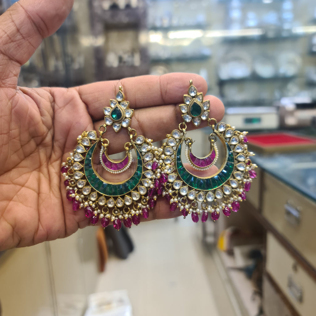 Jadau Kundan Chandbali Earrings | Meenakari Enamel & Ruby Bead Drops | Antique Gold