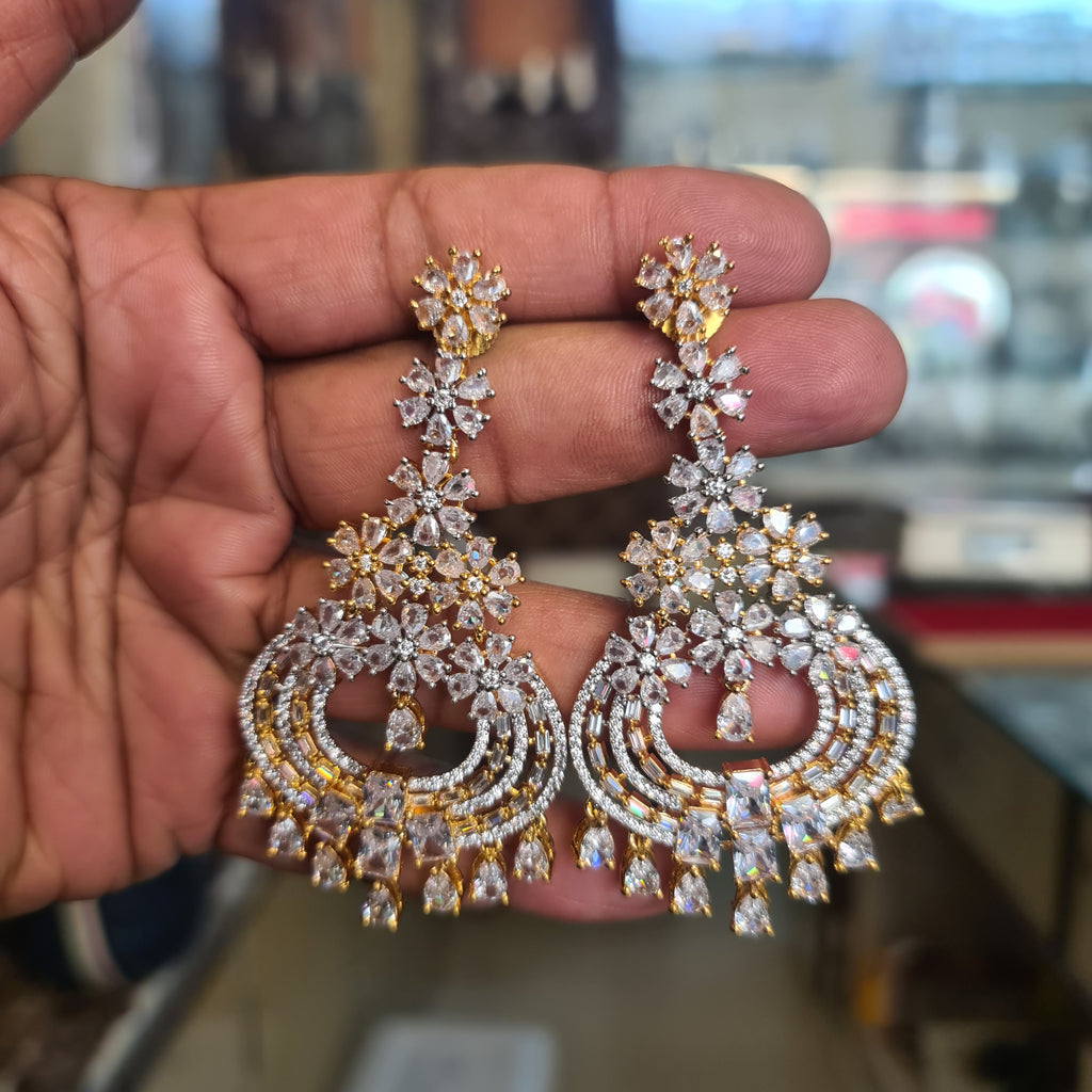 CZ Floral Chandbali Earrings | Pear Stone Fringe Drops | Ruby, Emerald & White | Diamond Finish