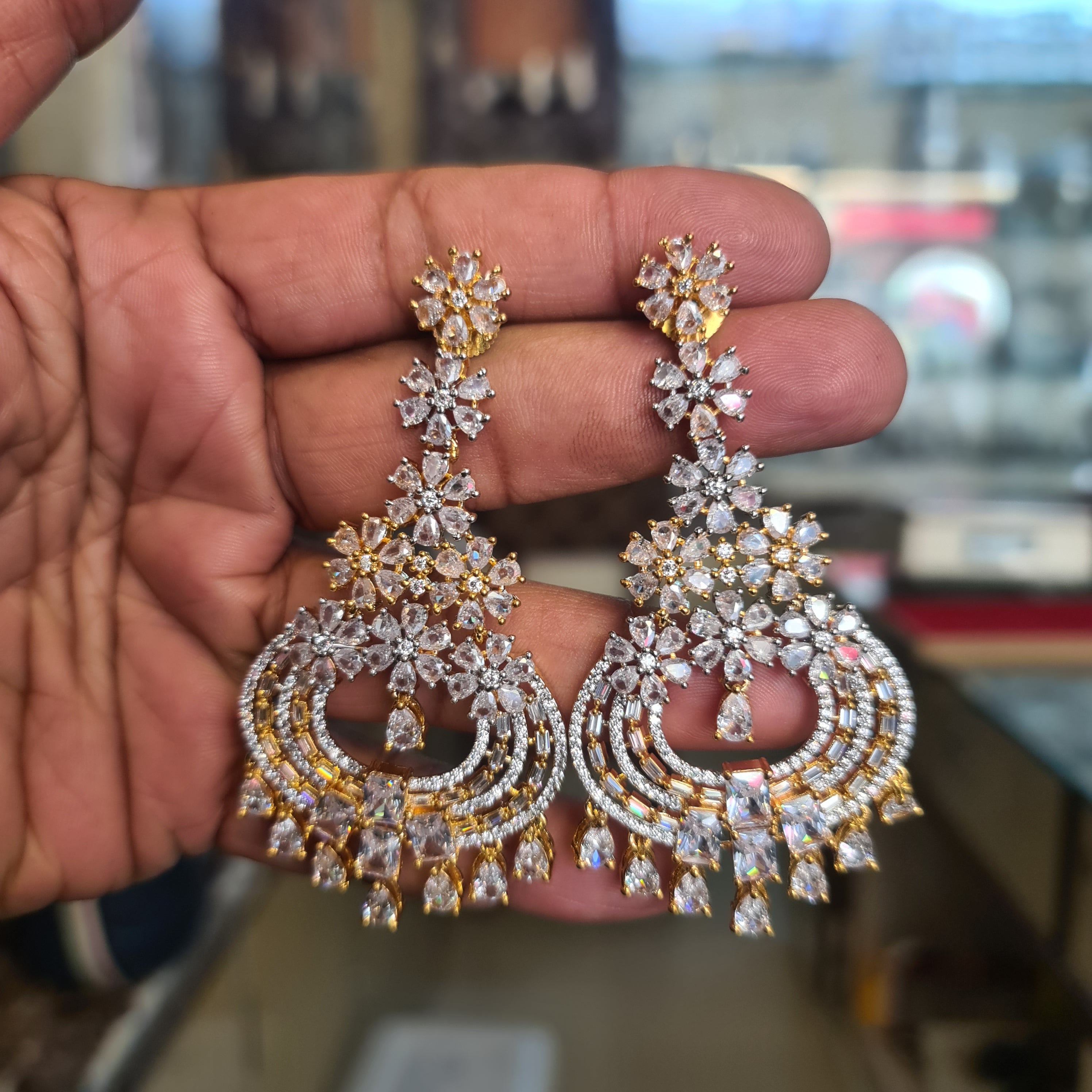 CZ Floral Chandbali Earrings | Pear Stone Fringe Drops | Ruby, Emerald & White | Diamond Finish