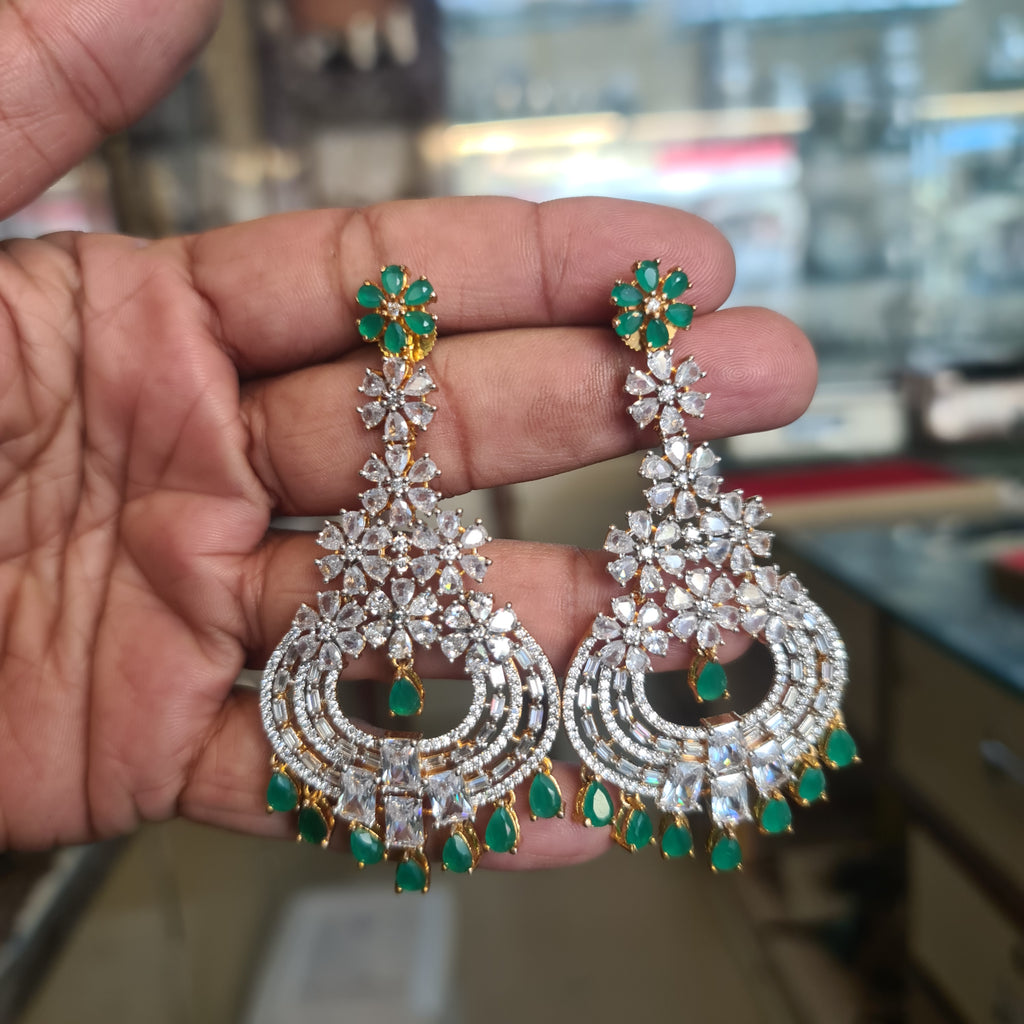 CZ Floral Chandbali Earrings | Pear Stone Fringe Drops | Ruby, Emerald & White | Diamond Finish