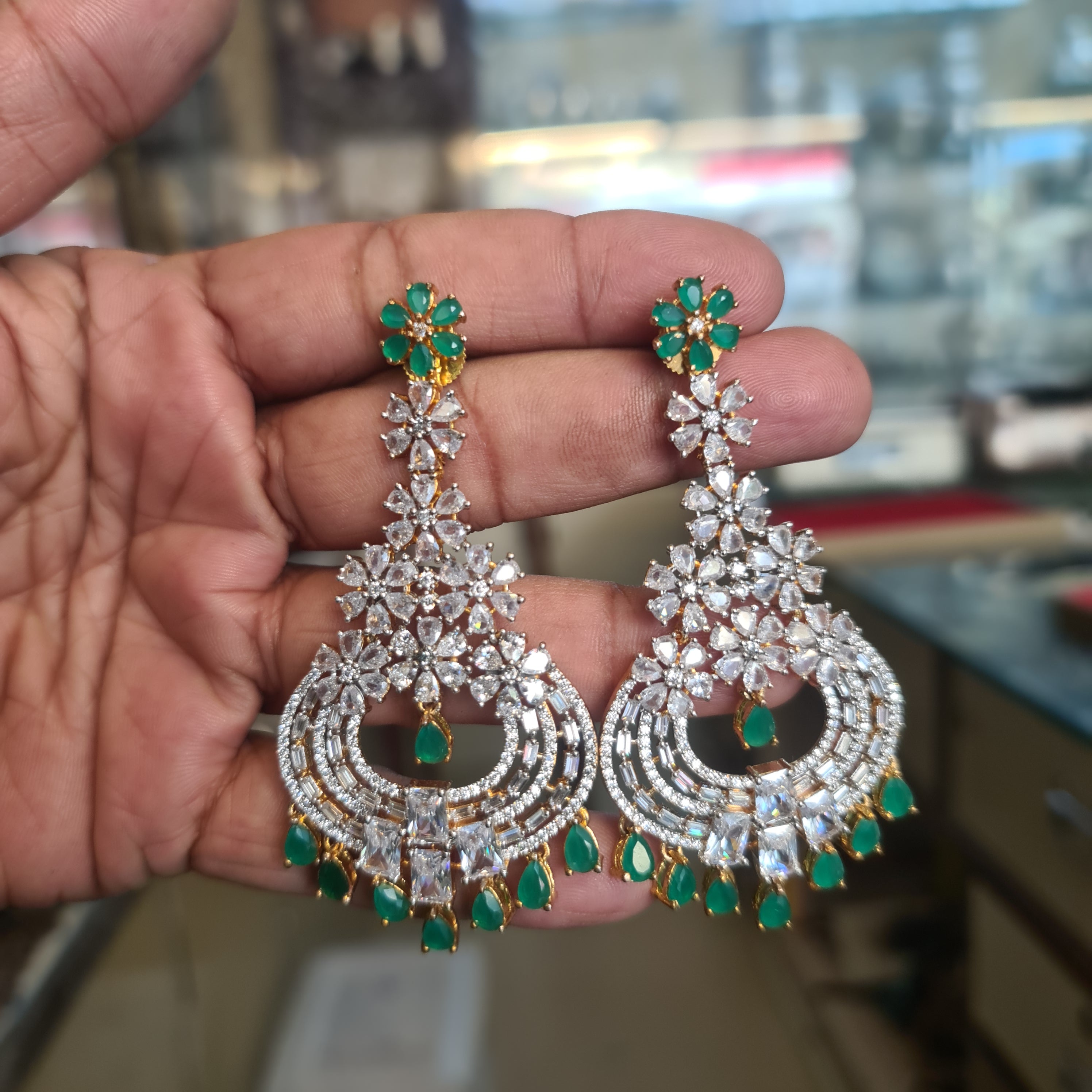 CZ Floral Chandbali Earrings | Pear Stone Fringe Drops | Ruby, Emerald & White | Diamond Finish