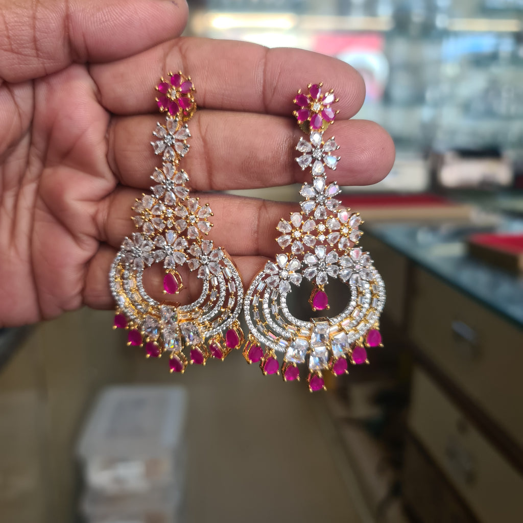 CZ Floral Chandbali Earrings | Pear Stone Fringe Drops | Ruby, Emerald & White | Diamond Finish