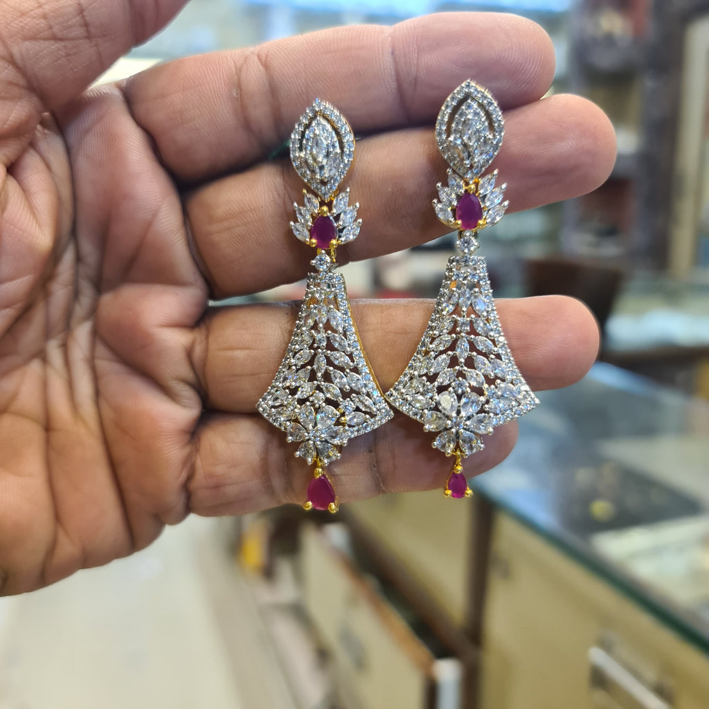 CZ Marquise Kite Chandelier Earrings | Floral Lattice Body | White & Pink | Diamond Finish