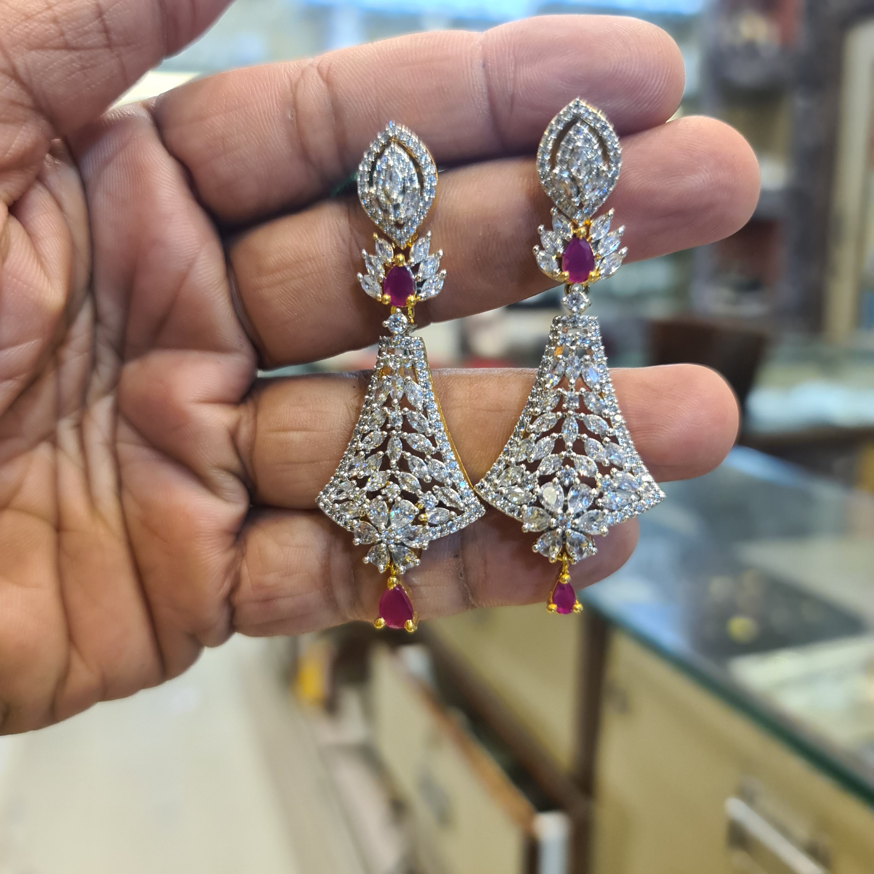 CZ Marquise Kite Chandelier Earrings | Floral Lattice Body | White & Pink | Diamond Finish