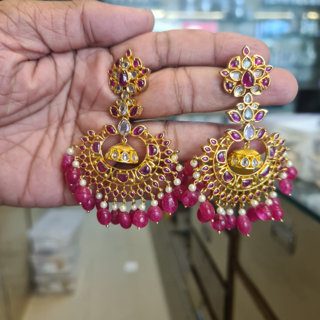 Kempu Polki Chandbali Earrings | Screw Back | Gold Tone