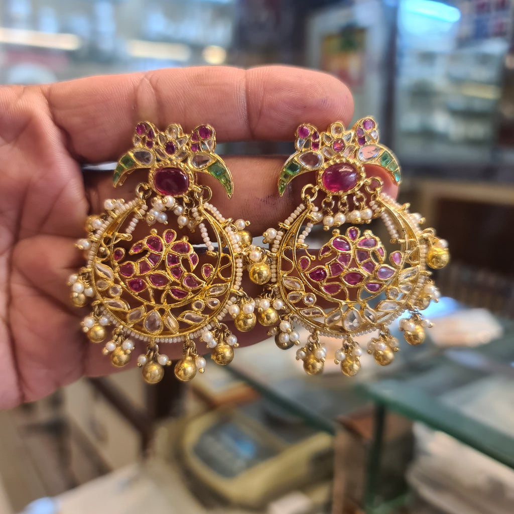 Kempu Polki Chandbali Earrings | Screw Back | Gold Tone | 6cm