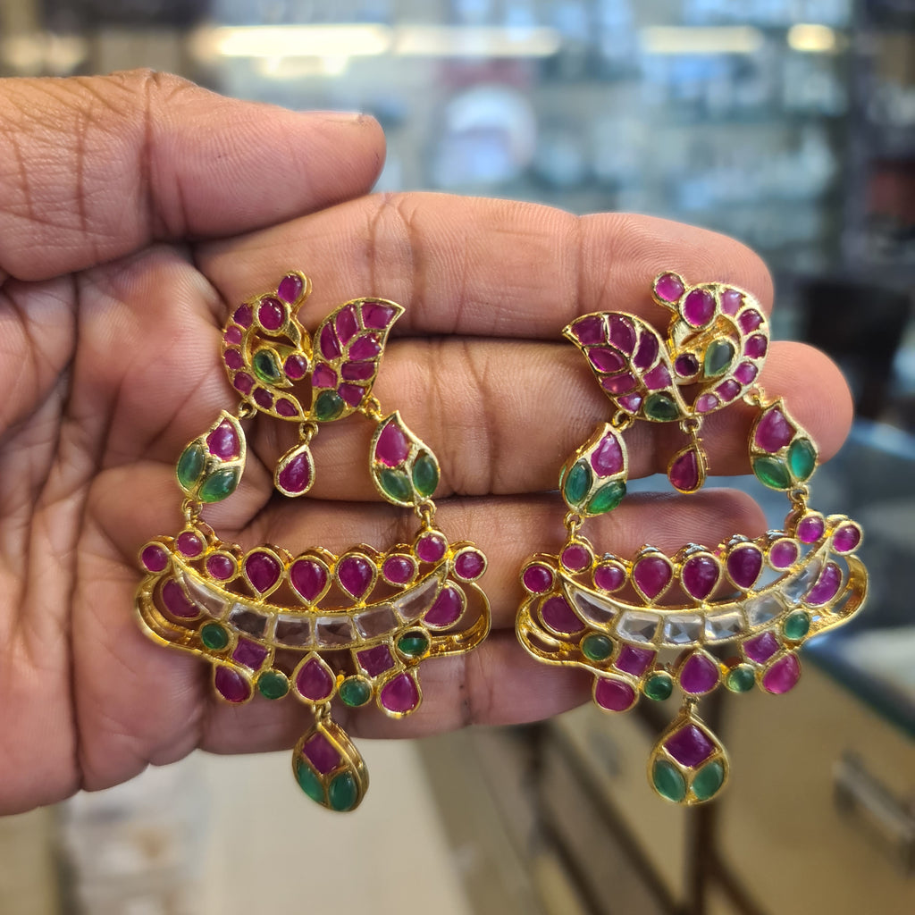 Kempu Polki Chandbali Earrings | Screw Back | Ruby Emerald | 7cm