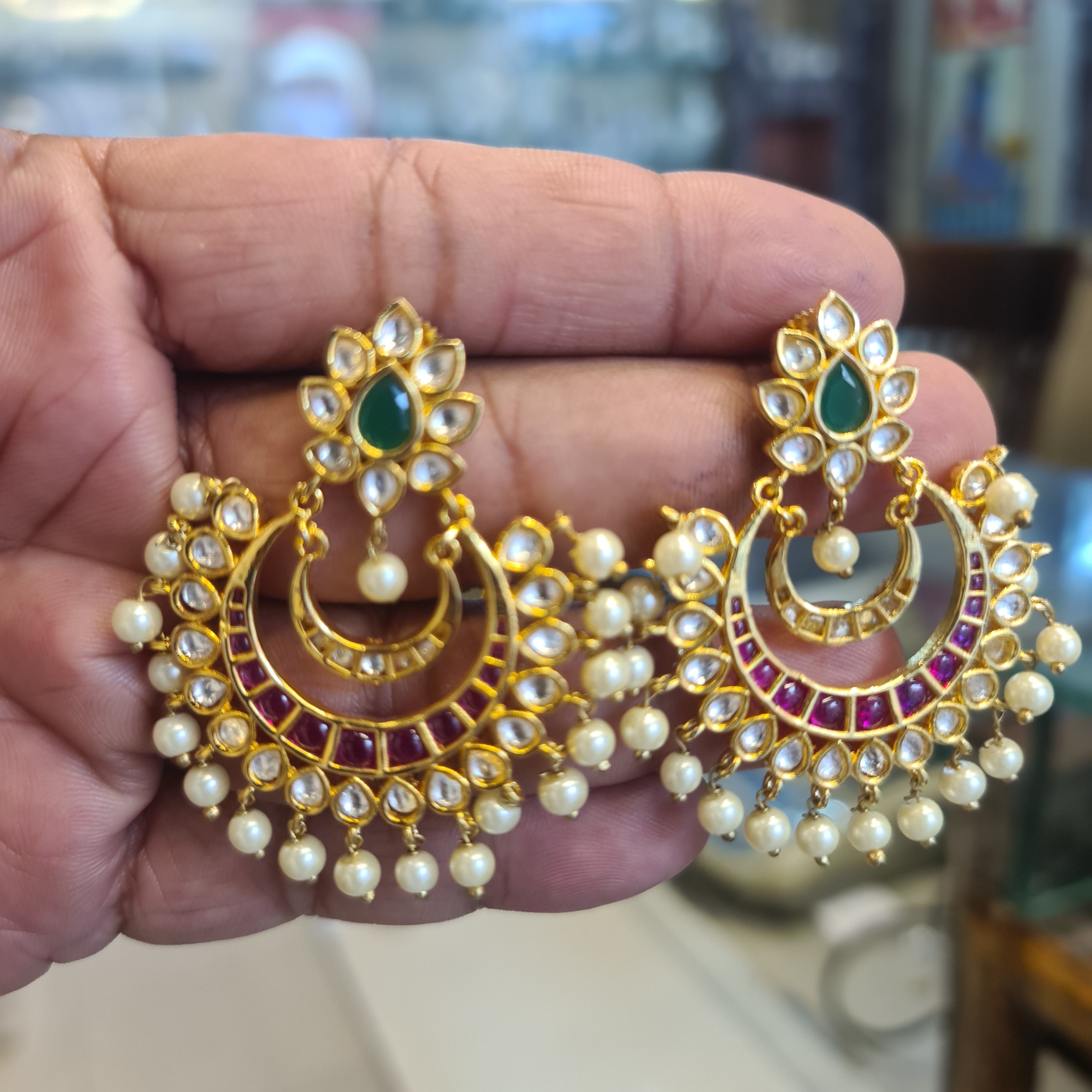 Kundan Kempu Chandbali Earrings | Push Back | Pearl Drops | 5cm