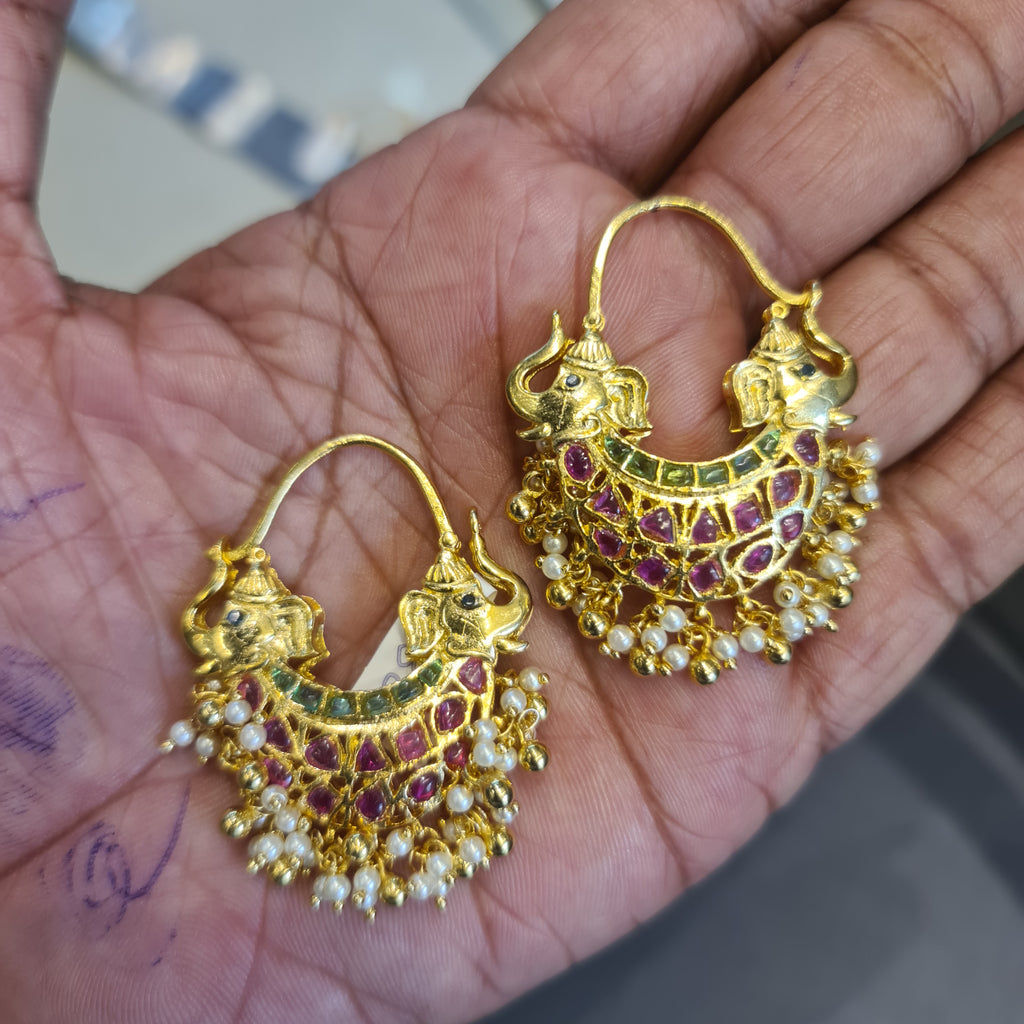 Kempu Emerald Elephant Bali Earrings | Hook Back | Pearl Drops | 5cm