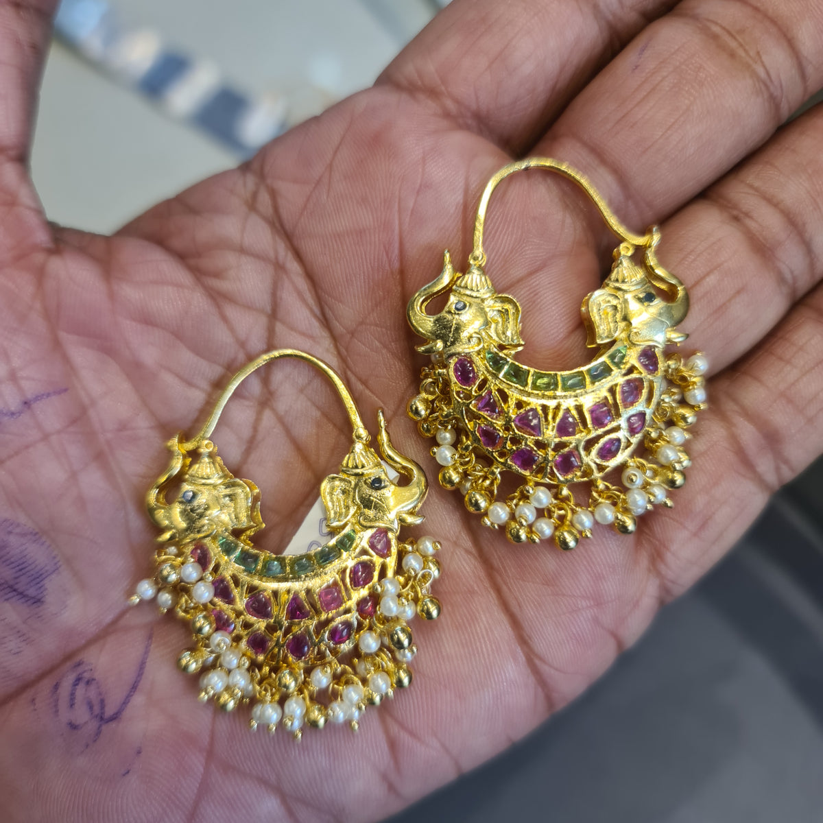 Kempu Emerald Elephant Bali Earrings | Hook Back | Pearl Drops | 5cm