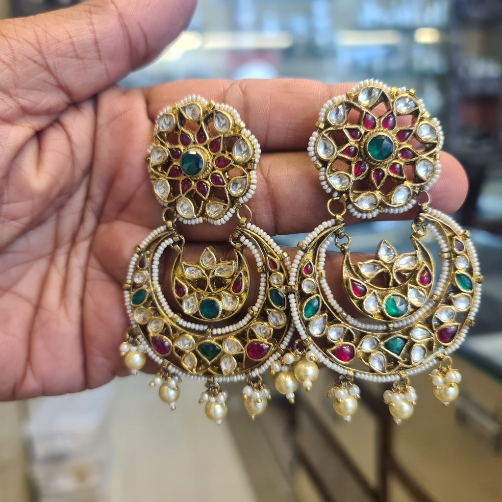 Jadau Kundan Kempu Chandbali Earrings | Push Back | Multicolour | 8cm